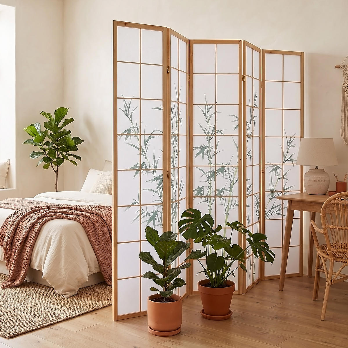 PARAVENT 5-tlg. 220/175 cm Grün Bambusmuster - Grün, Holz (220/175/2cm) - Homestyle4u