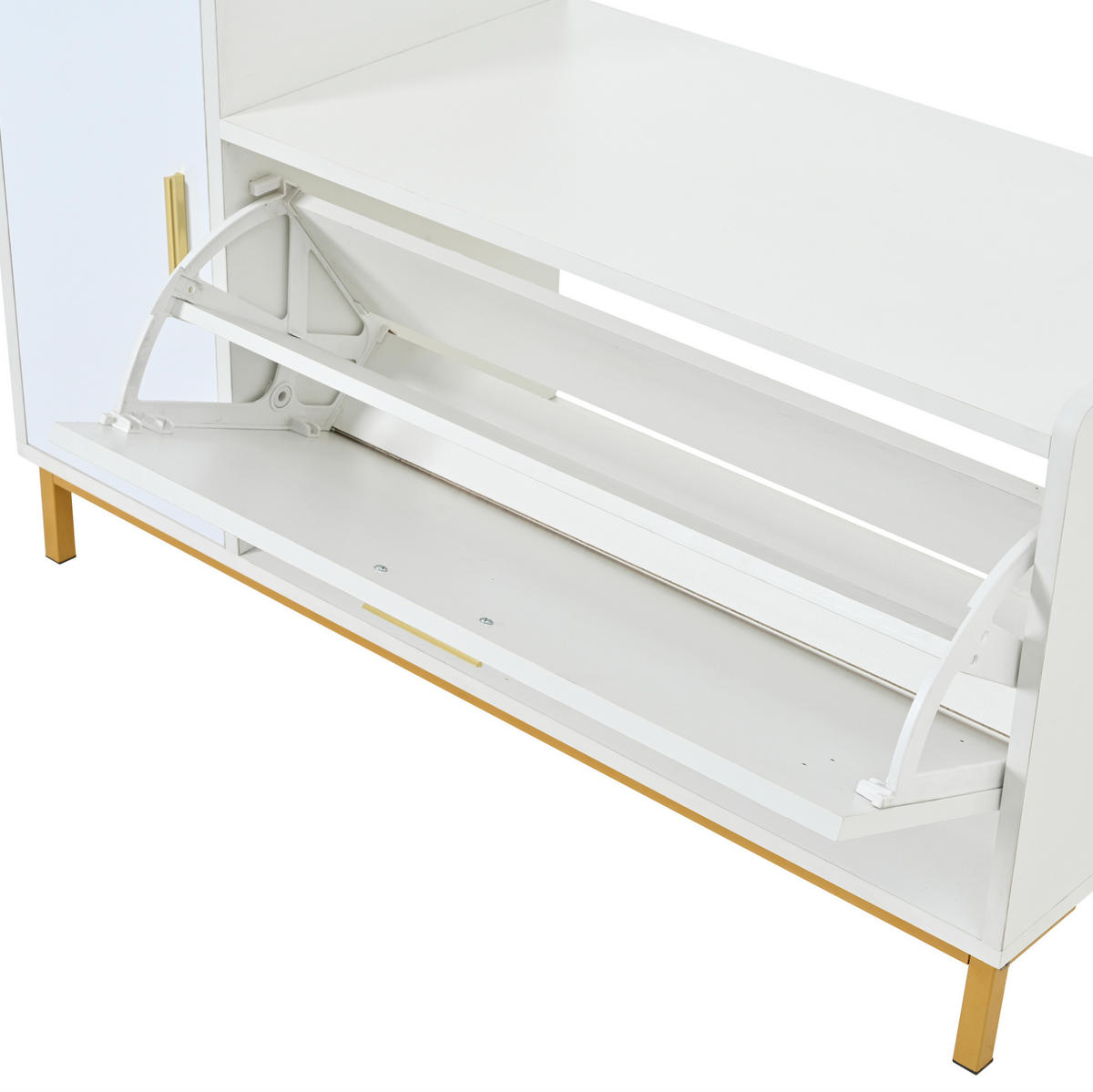 SCHUHBANK 100/38/68 cm in Weiß/Gold mit Sitzfläche, 2 Klappenfächern und Schrank - Weiß, Holzwerkstoff (100/68/38cm) - BEAOK