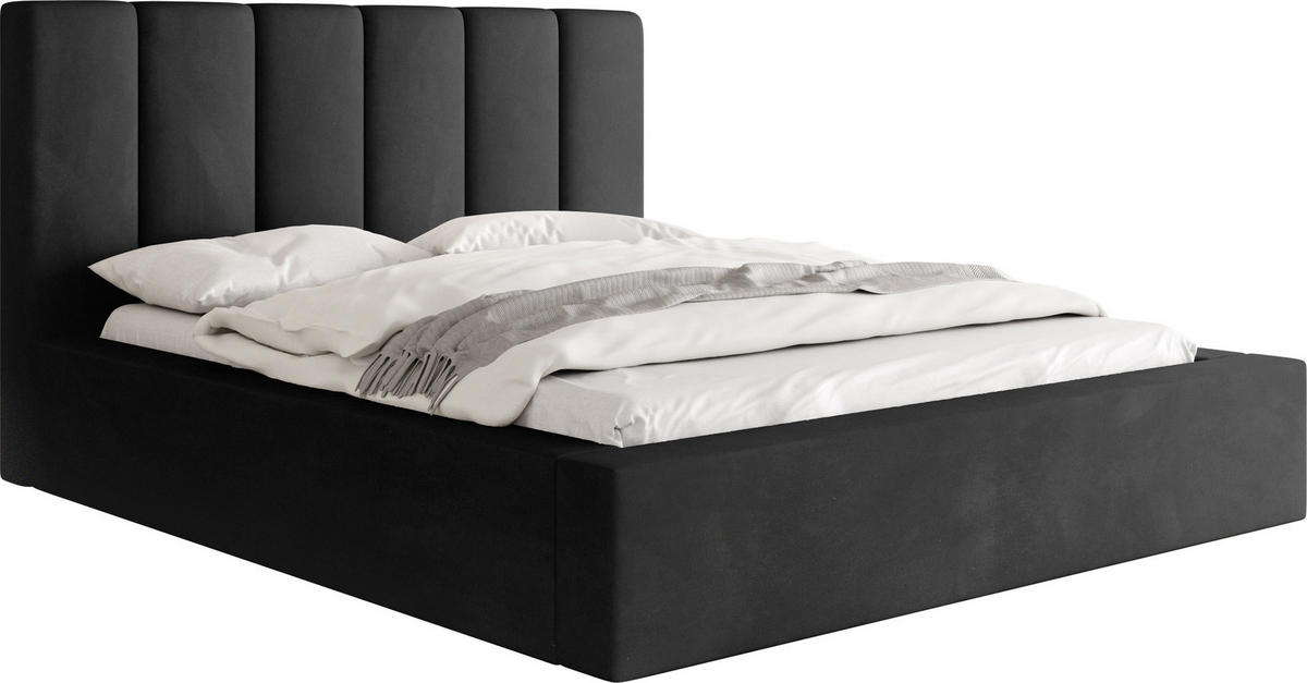 POLSTERBETT Amira mit Bettkasten, Schwarz Samt 140x200 cm - Schwarz Hochglanz/Birkefarben, Holz/Holzwerkstoff (140/200cm) - WFL GROUP