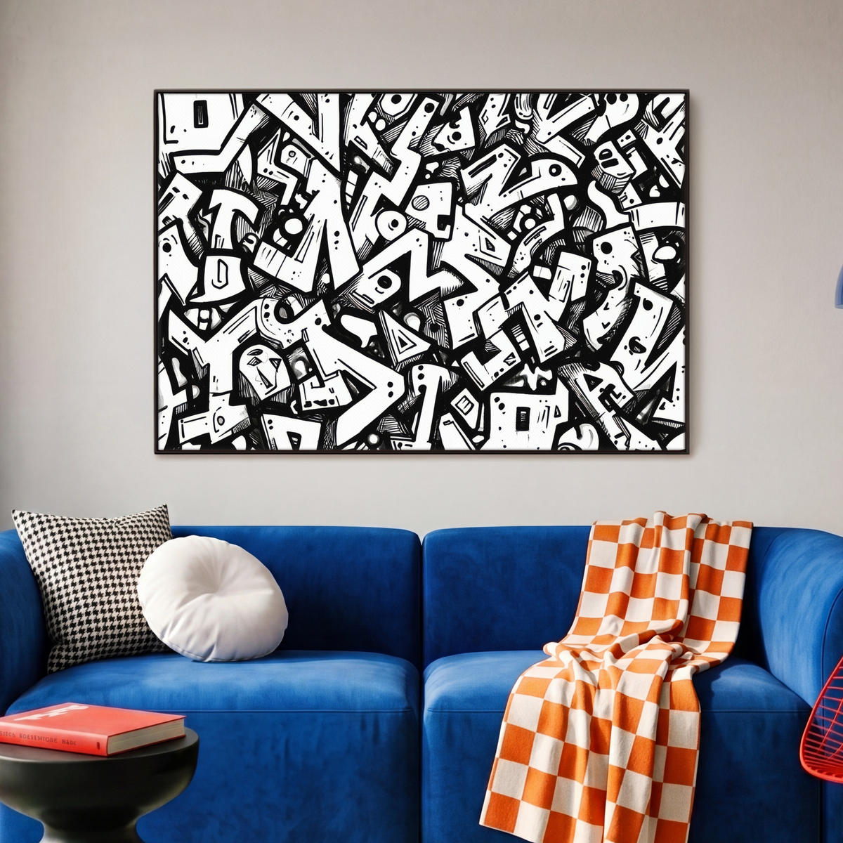 LEINWAND Bilder mit Rahmen - Formen - Buchstaben - Graffiti - Schwarz - 90x60 - Schwarz, Textil (90/60cm) - MuchoWow