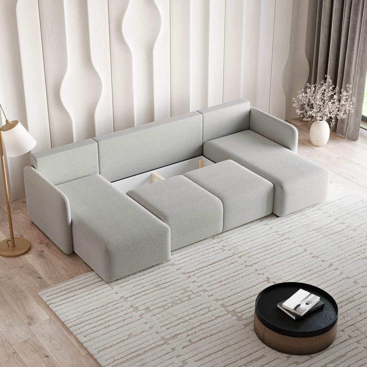 WOHNLANDSCHAFT NUBERO Kupferfarben Boucle-Stoff mit Schlaffunktion - Kupferfarben, Holz (220/85/143cm) - MASSENO