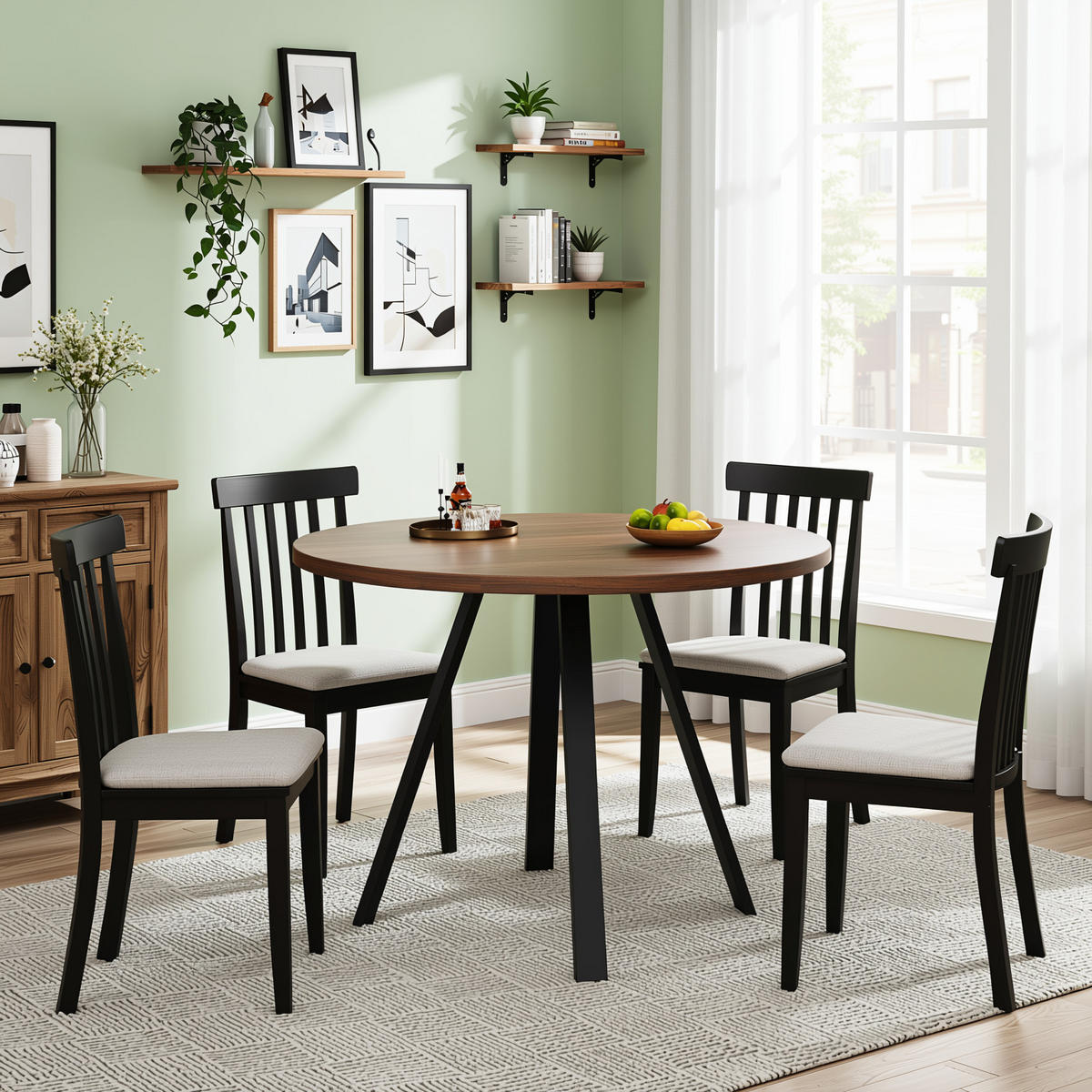 KULATÝ JÍDELNÍ STŮL 80 cm ořech a černá - kompaktní stůl s kovovými nohami v retro designu - Sonoma dub, kompozitní dřevo (80/80/75cm) - Urban Meuble