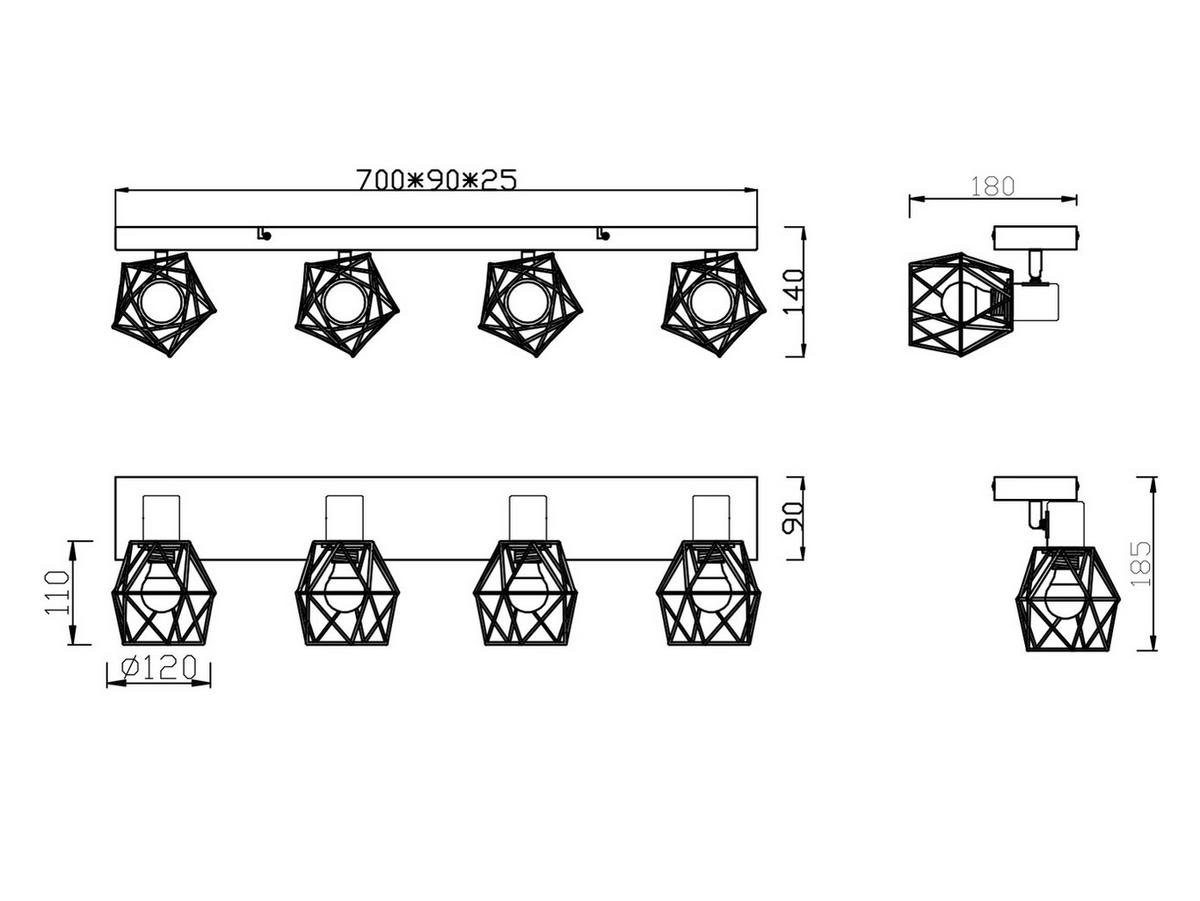 DECKENSTRAHLER 4-flammig Industrial Schwarz, Breite 70cm - Schwarz, Metall (9/70/14cm) - meineWunschleuchte
