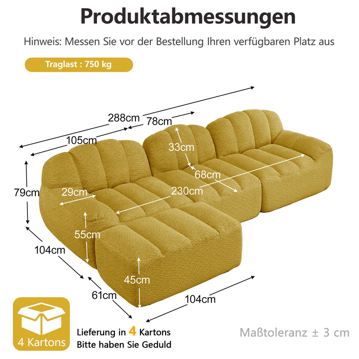 ECKSOFA 288/165/79 cm Gelb Granulatvlies mit 1 Fußhocker - Gelb, Textil (288/165cm) - Oxeza