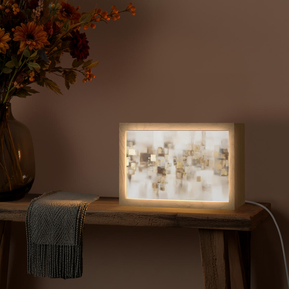STOLNÁ LAMPA Abstraktné štvorce - zemité tóny - hmlisté 30x20 cm - farba hrušky, kompozitné drevo (8/30/20cm) - OnlyWow