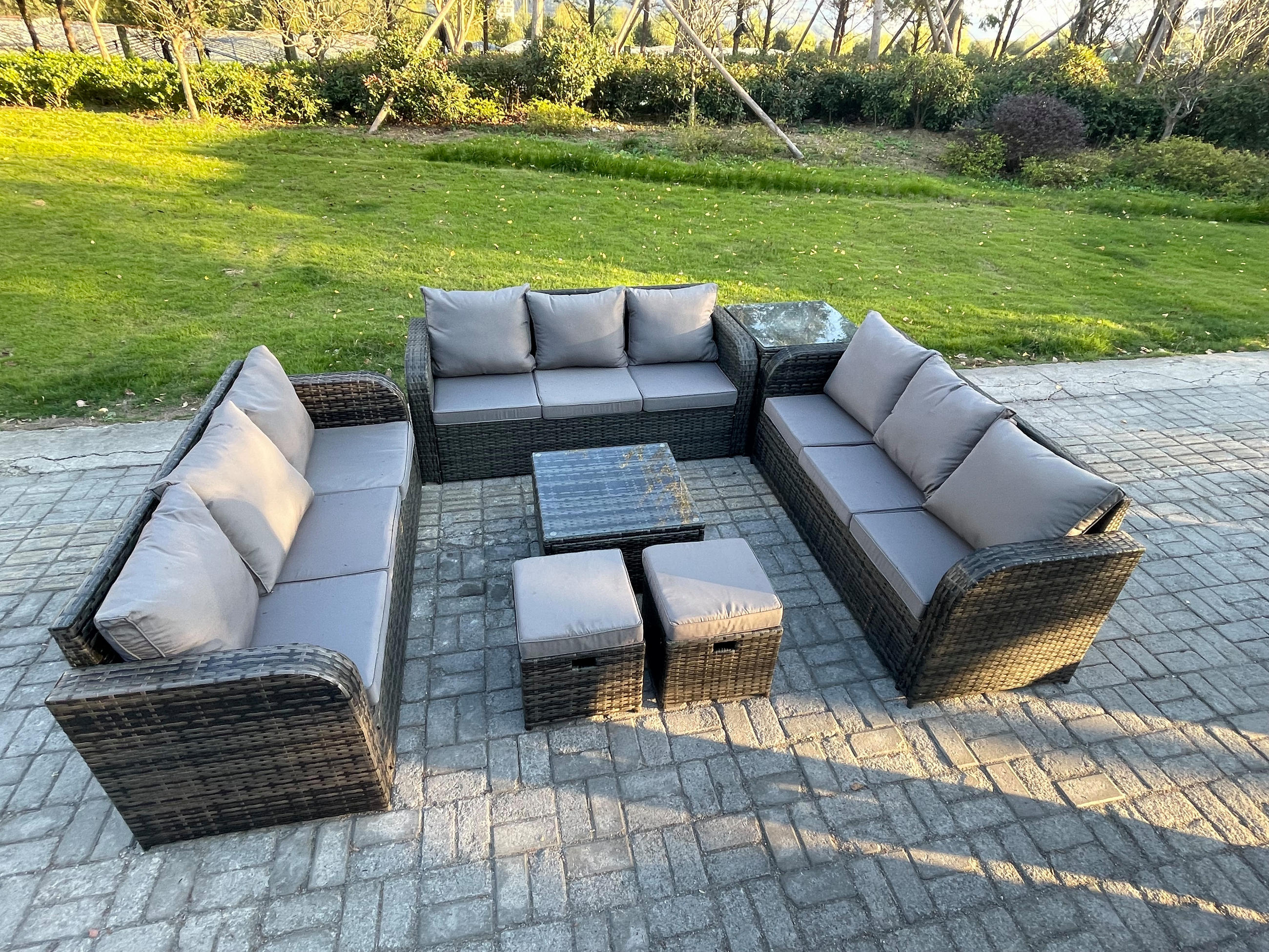GARTENMÖBELGARNITUR mit KISSEN Polyrattan Dunkelgrau 11-Sitzer - Dunkelgrau/Grau, Glas/Kunststoff - Fimous