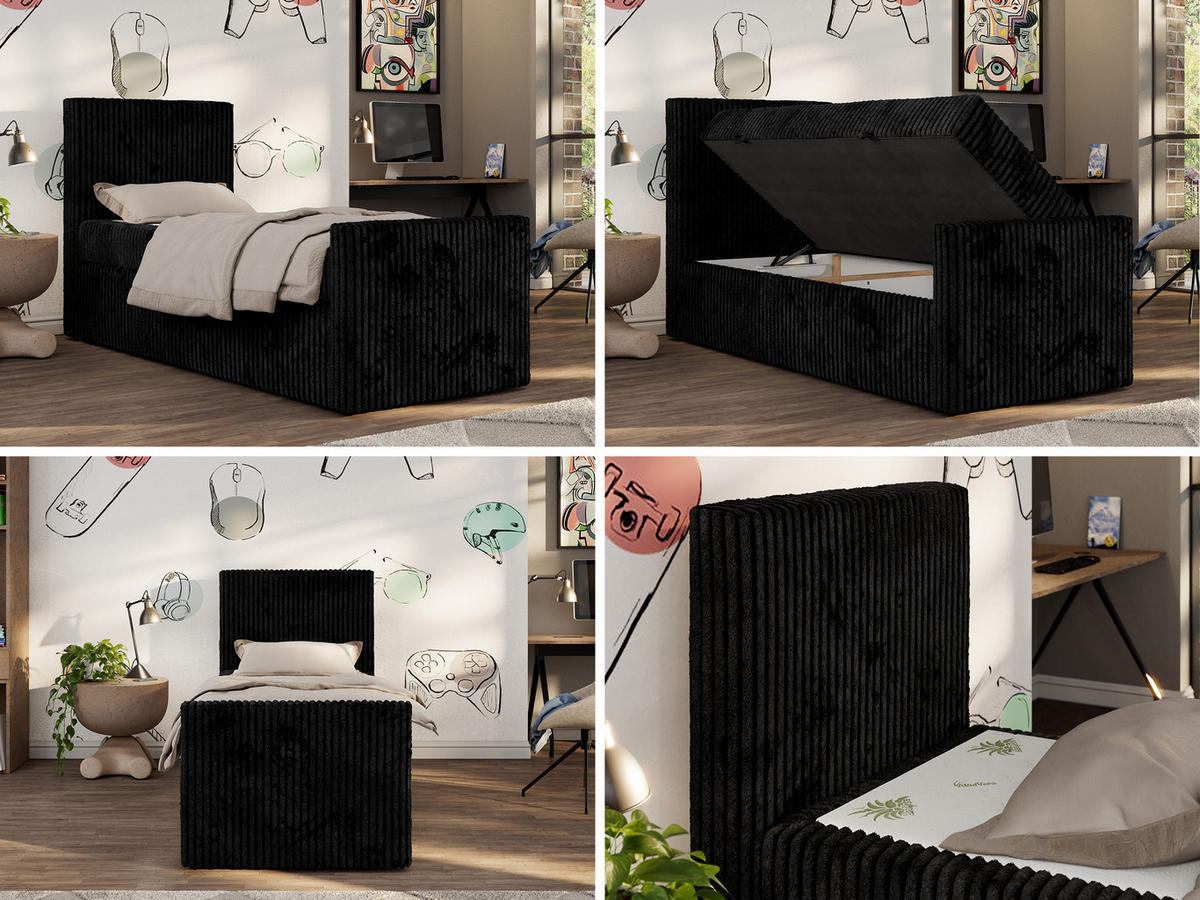 JUGENDBETT TILIO DUO 90/200 - Schwarz Cord - H4 - Links Seite - Schwarz, Textil (90/200cm) - MKS