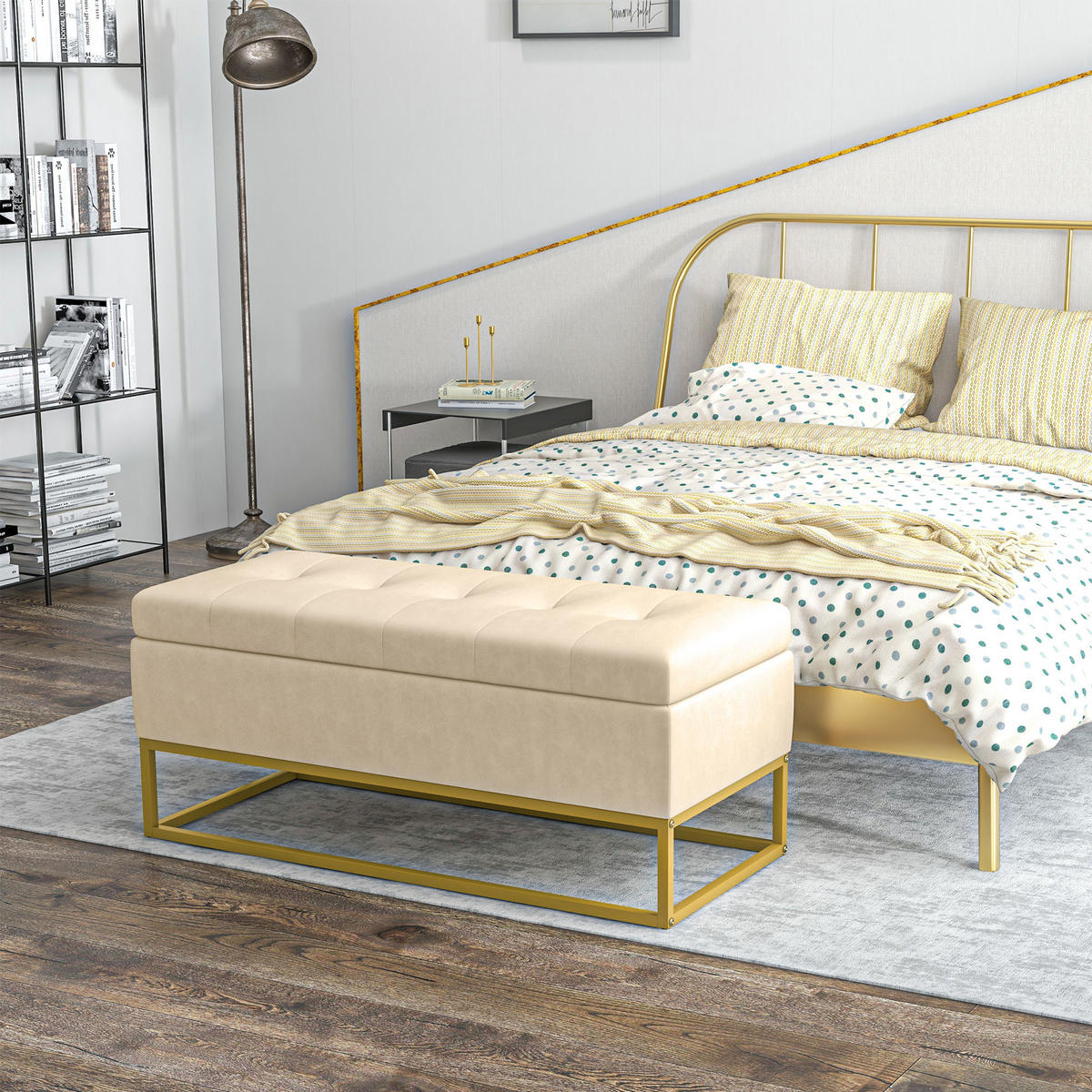 SITZBANK mit Stauraum, Polsterbank, Bettbank mit Samtoptik, Stahl, Beige - Beige, Textil (44/49/110cm) - HOMCOM
