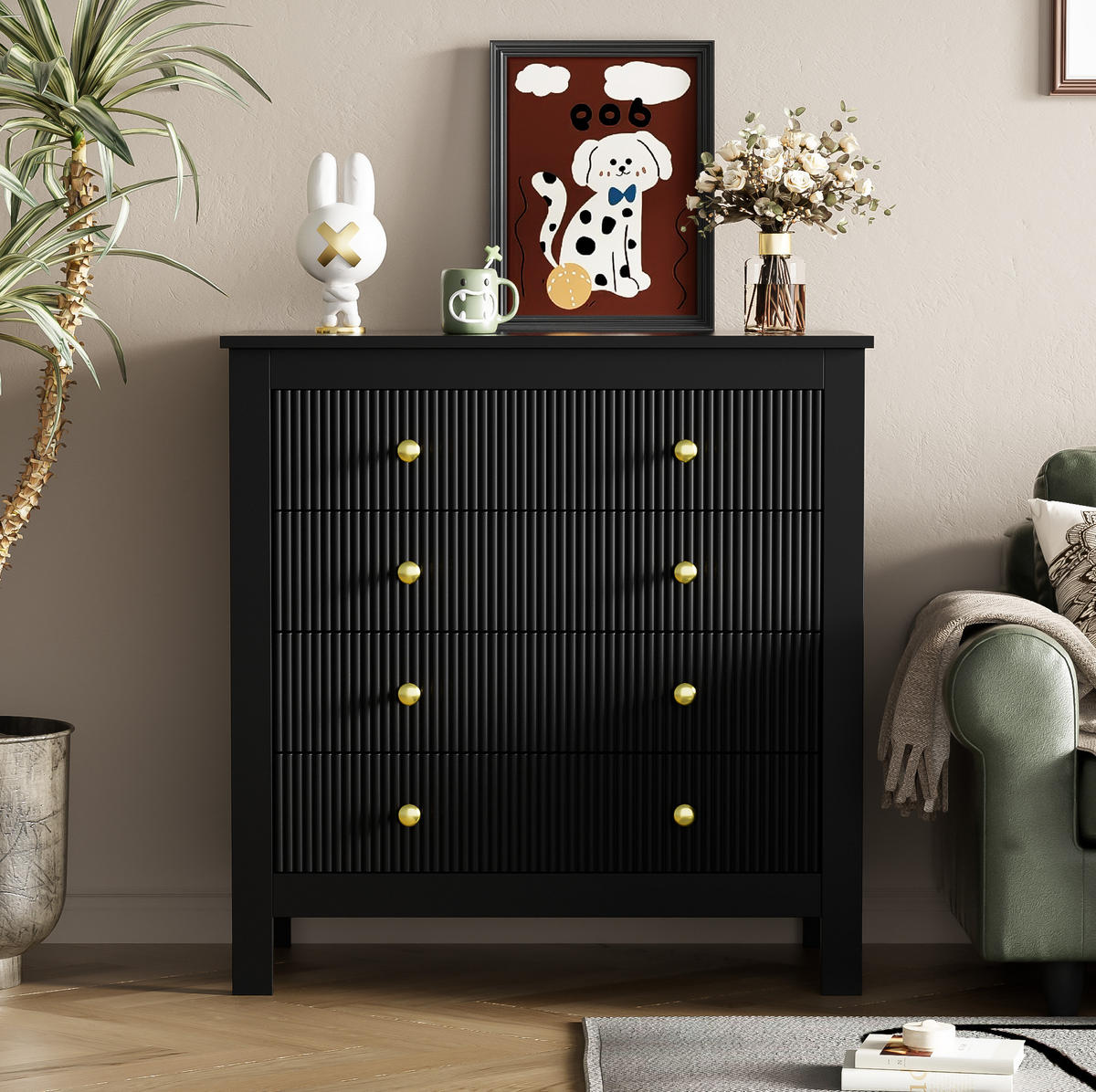 KOMMODE 79/39,5/80,5 cm aus Spanplatte mit 5 strukturierten Schubladen Schwarz - Schwarz, Holzwerkstoff (79/80.05/39.5cm) - Modenvie