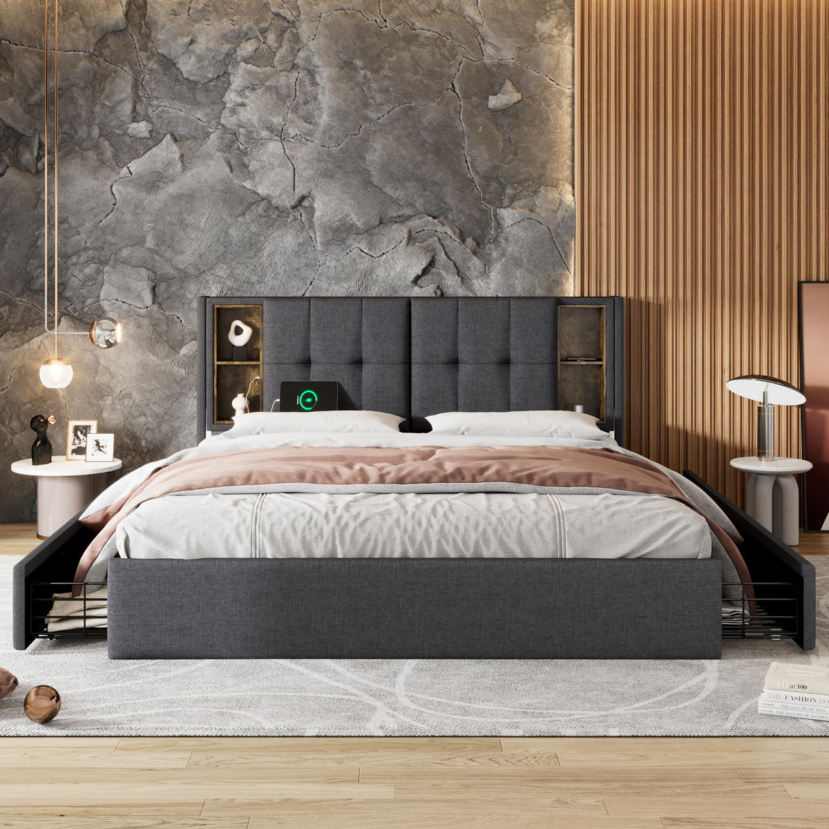 POLSTERBETT 160/200 cm Grau mit Kabellosem und 4 Schubladen - Grau, Textil (160/200cm) - Oxeza