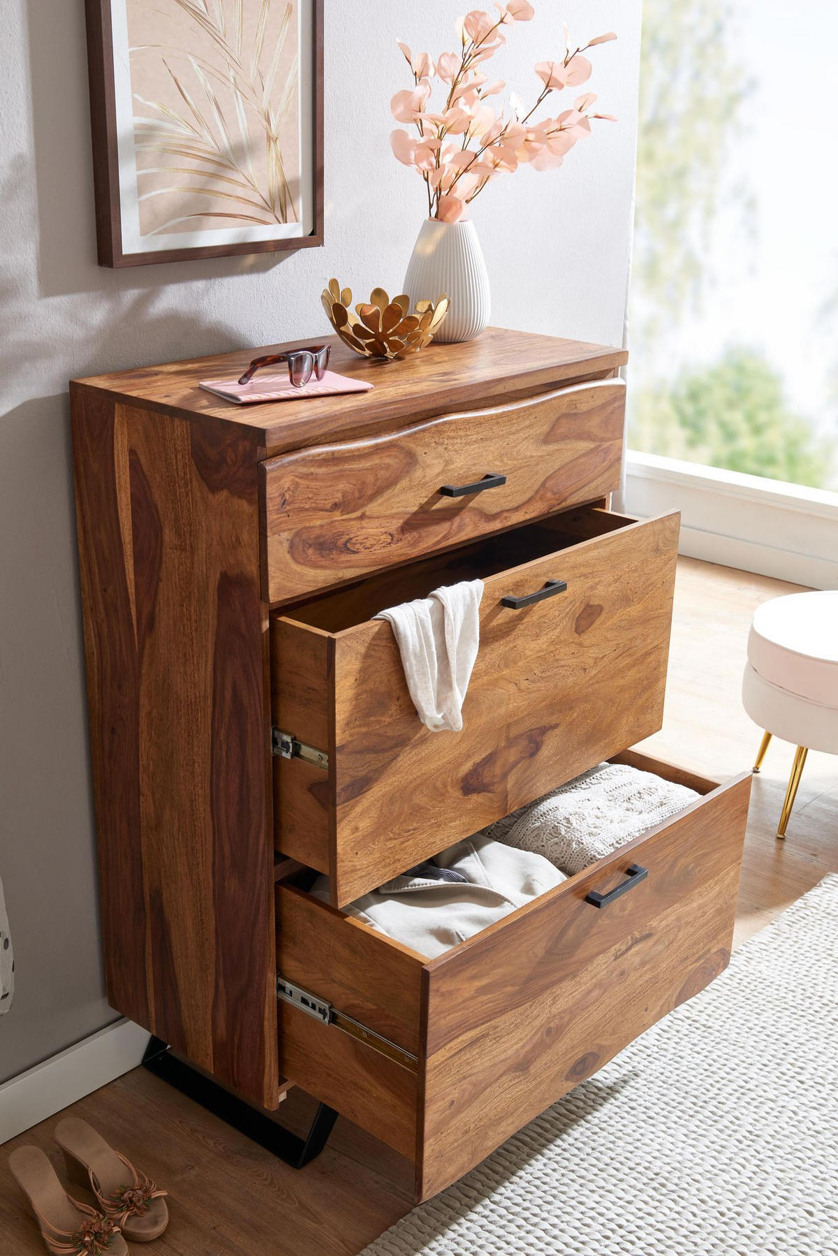 KOMMODE – Massivholz, 80x120x41,5 cm, Metallgestell, 3 Schubladen - Schwarz/Braun, Holz/Metall (80/120/42cm) - KADIMA DESIGN
