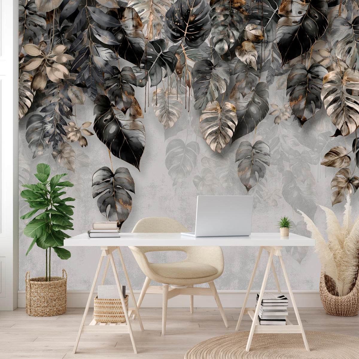 FOTOTAPETE für Wohnzimme Tropenblätter Beton Monstera 300x210 - Gelb/Schwarz, Papier (300/210cm) - Muralo