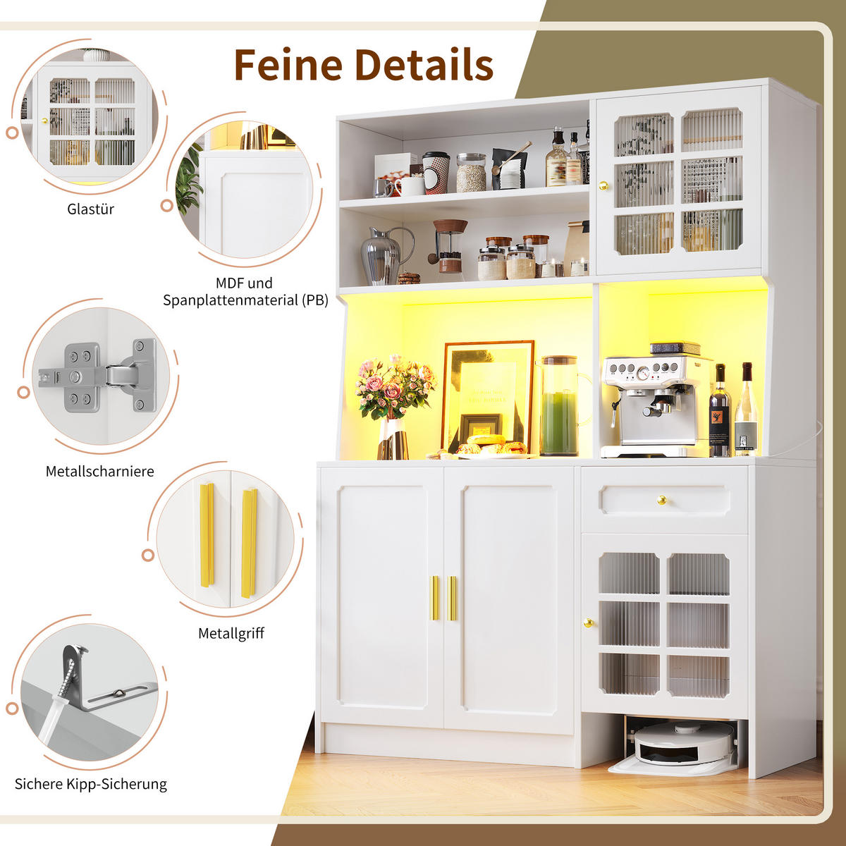 BUFFET 130/45/180 cm weiß aus MDF mit LED-Beleuchtung - Weiß, Holzwerkstoff (130/180/45cm) - OKWISH