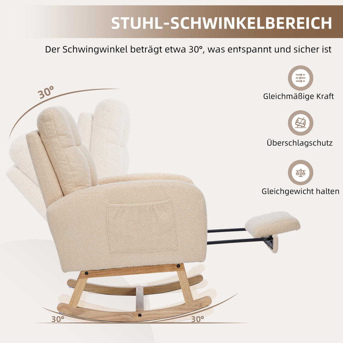 SCHAUKELSTUHL Bouclé Beige mit Seitentasche - Beige, Holzwerkstoff/Textil (50/99/132cm) - WISHDOR