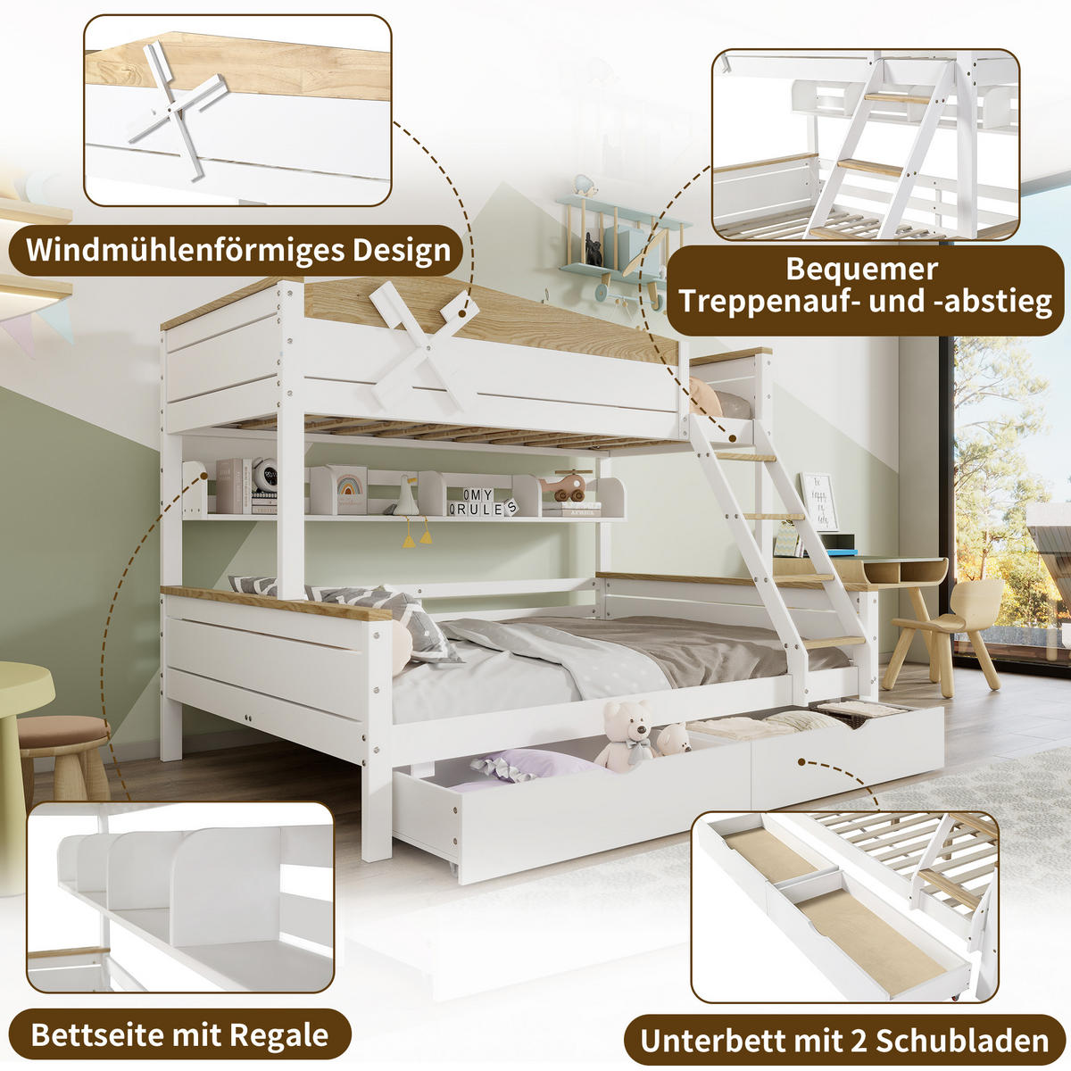 ETAGENBETT Windmühle Weiß+Natur 90x200cm & 140x200cm - Naturfarben, Holz (90/200cm) - ComfortXL