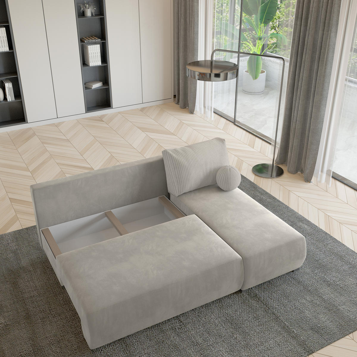 ECKSOFA PARVELO Creme Plüsch-Stoff mit Schlaffunktion - Creme, Holz (200/143cm) - MASSENO