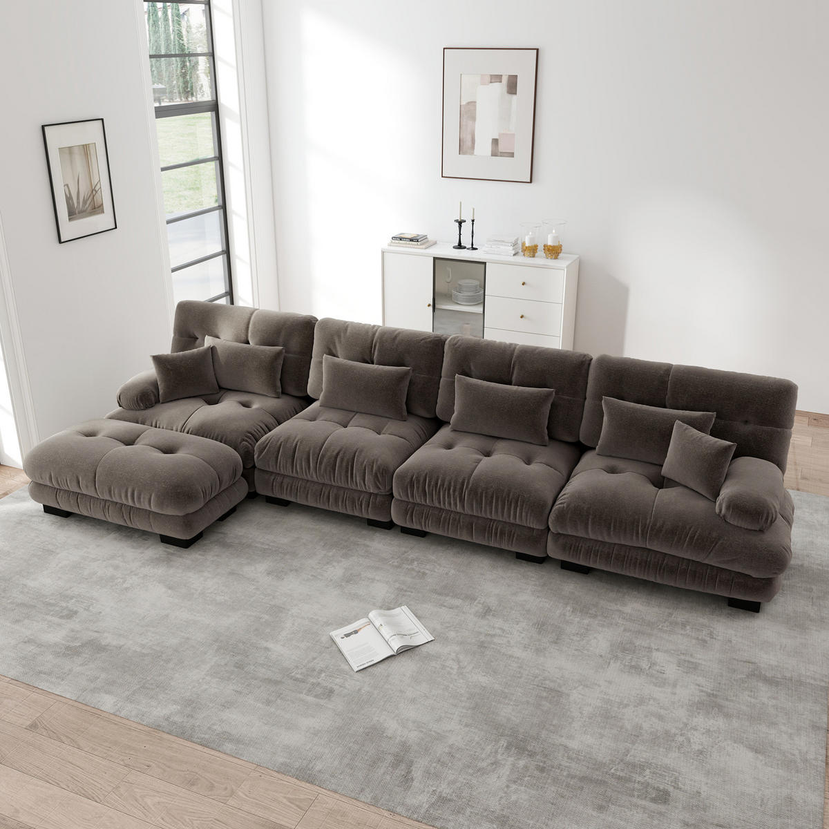 ECKSOFA aus Chenille 406x145x81 cm in Braun mit beweglichem Ottoman - Braun, Textil (145/81/406cm) - Modfu