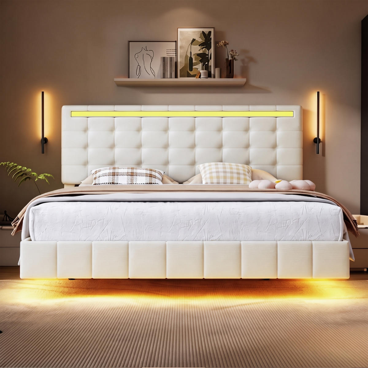 BETT 160x200 cm mit LED und USB, Doppelbett 160x200 cm mit Lattenrost, schwebendes Design, Leinenbezug Beige - Beige, Holz/Textil (160/200cm) - GENKI LIVING