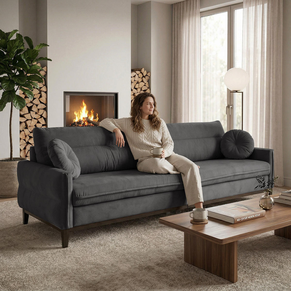 SOFA 3-SITZER Belweder Velours grau - Wengefarben/Grau, Holz/Textil (268/95/94cm) - Beautysofa