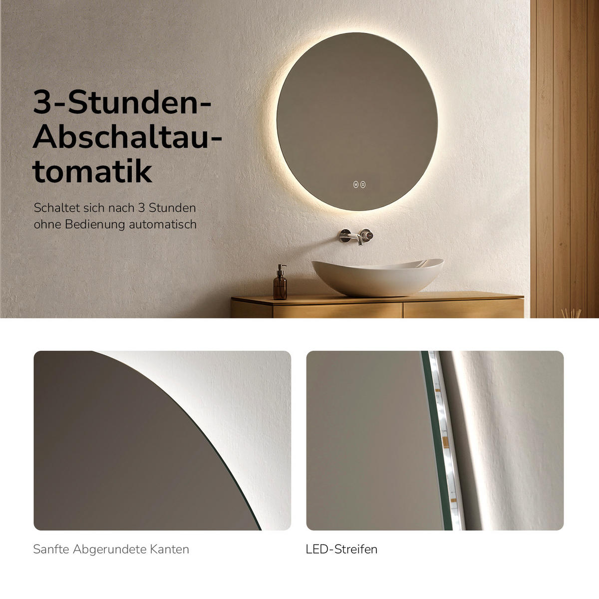 KOUPELNOVÉ ZRCADLO Kulaté s tříbarevným osvětlením Bezrámové Ø 80 cm - průhledná, sklo (80/80/3cm) - EMKE