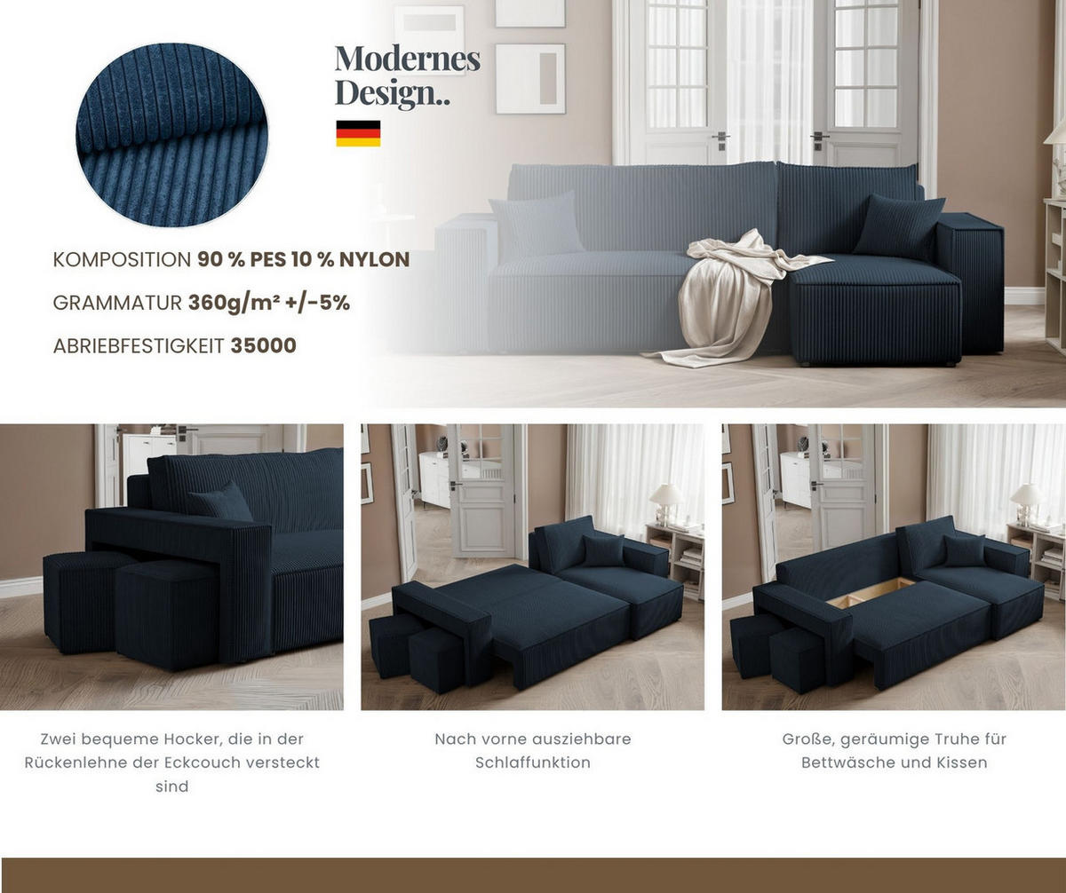 ECKSOFA PARIS mit Schlaffunktion und Bettkasten Marineblau - Dunkelblau, Holzwerkstoff/Kunststoff (262/145cm) - Idohome