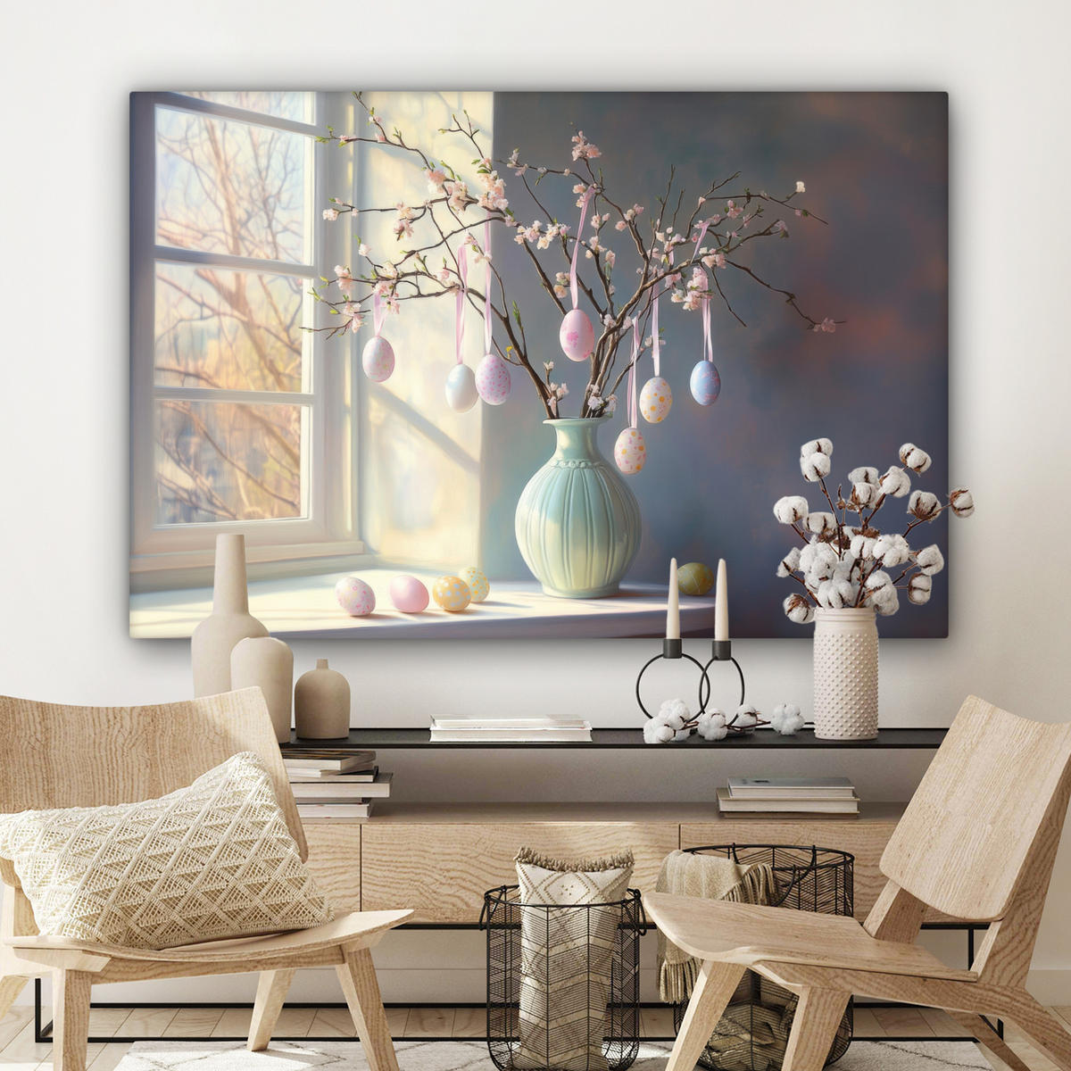 LEINWANDBILD Stillleben - Vase - Osterzweig Groß 140x90 cm - Hellblau, Textil (140/90cm) - MuchoWow