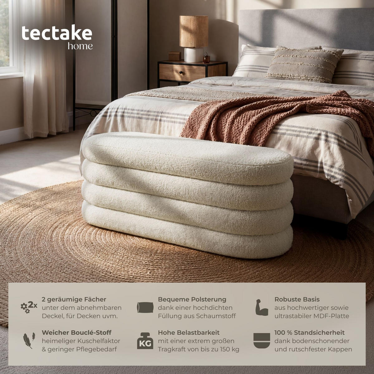 TRUHENBANK Altu,110 x 45 x 42 cm,Bouclé creme-weiß - Creme/Weiß, Holz (110/42/45cm) - tectake