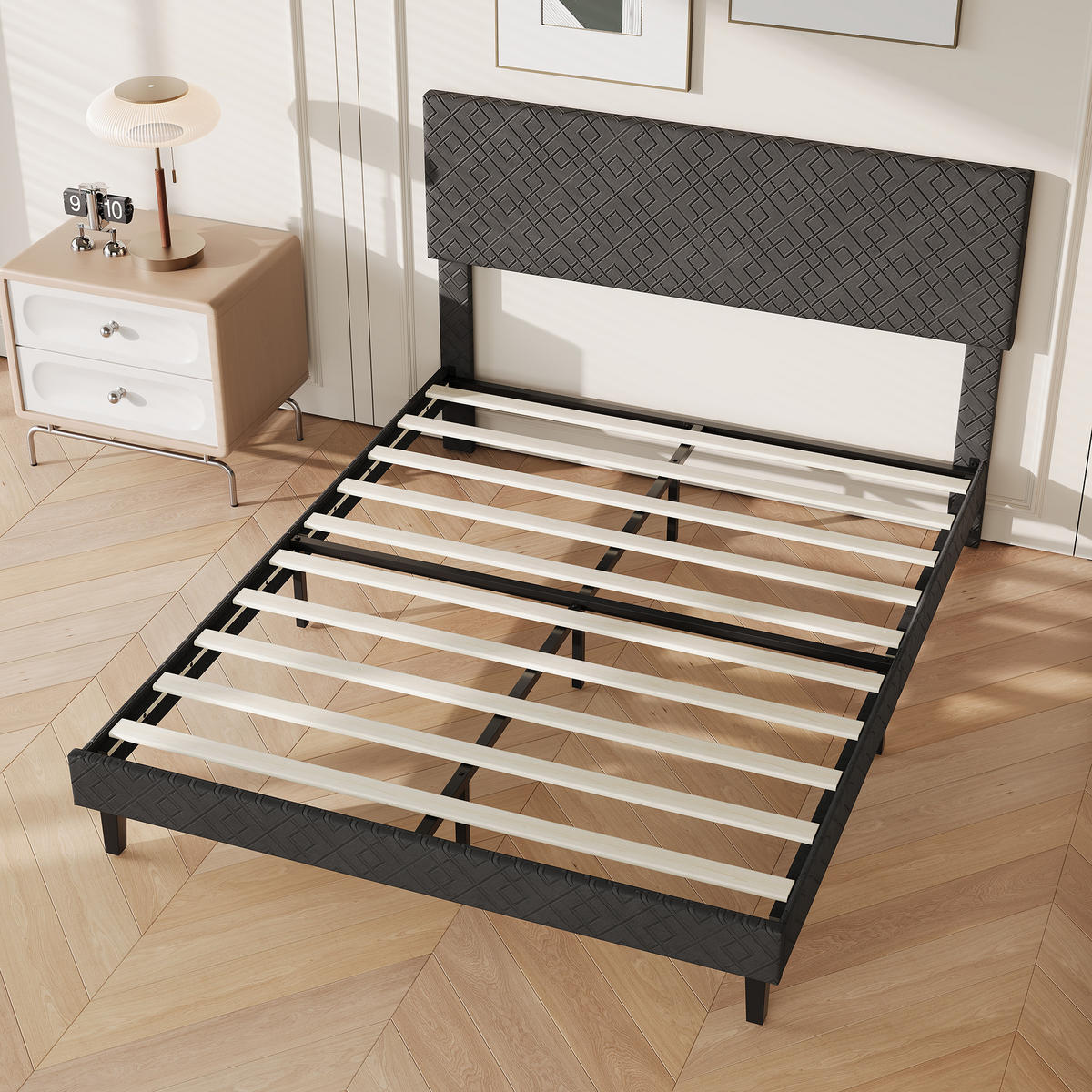 POLSTERBETT 140x200cm grau Leinenstoff, komfortables Kopfteil - Grau, Holz