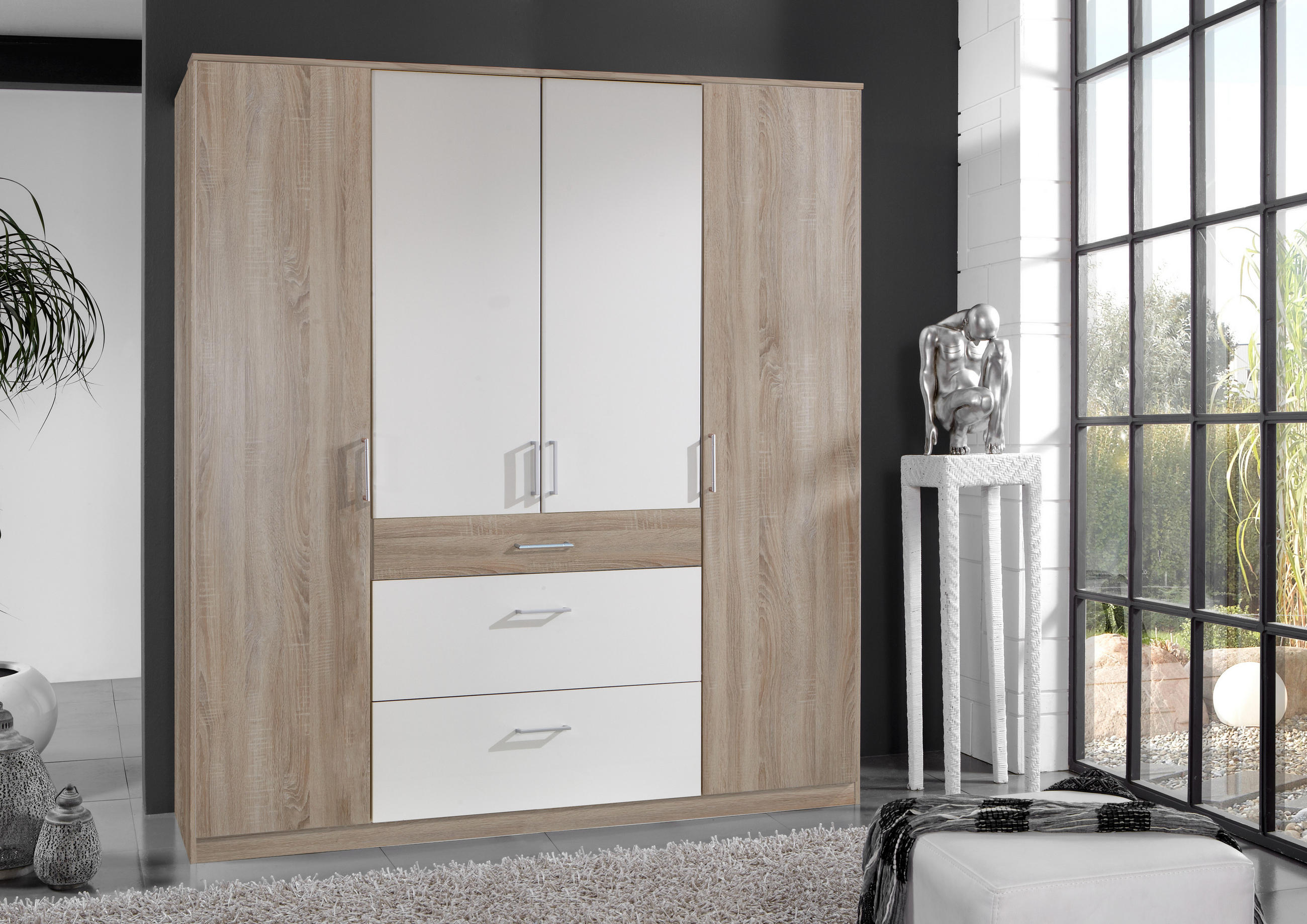 DREHTÜRENSCHRANK Click in Eiche Sägerau mit Weiß - 179 cm Breite - Braun, Holzwerkstoff (179/199/58cm)