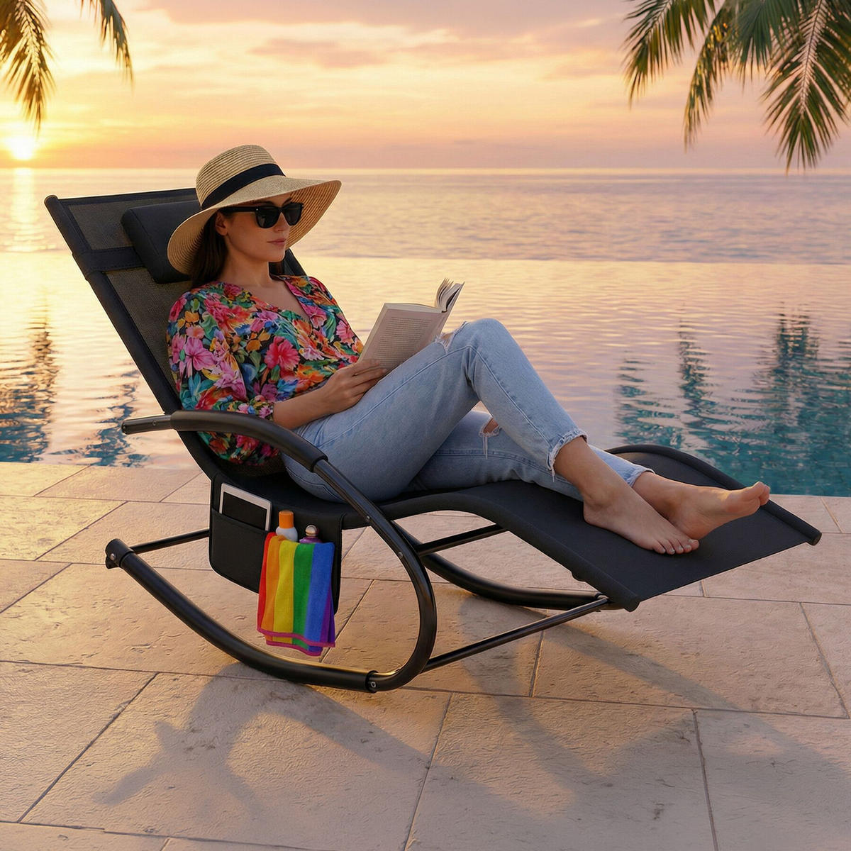 GARTENLIEGE Taya, abnehmbares Kopfpolster, seitliche Aufbewahrungstasche, schwarz - Schwarz, Kunststoff (62/92/142cm) - tectake