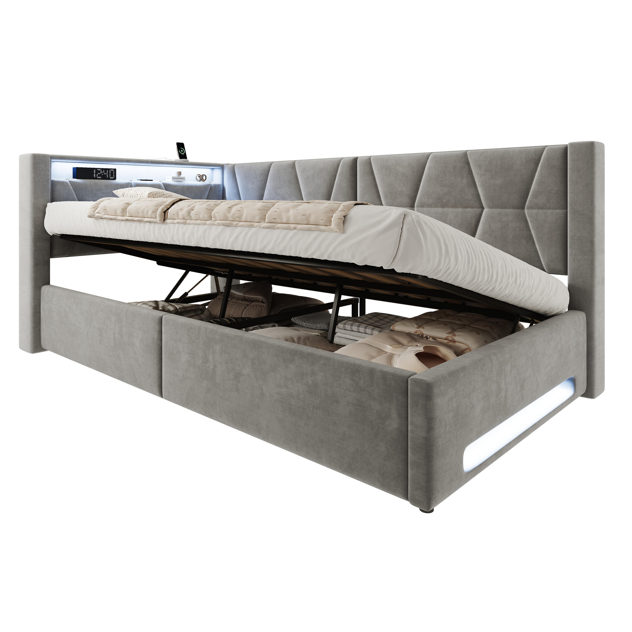 POLSTERBETT 90/200 cm in Dunkelgrau mit Bettkasten, LED, USB und Type-C, Samt und Metall - Grau, Holzwerkstoff/Textil (90/200cm) - STILVORA