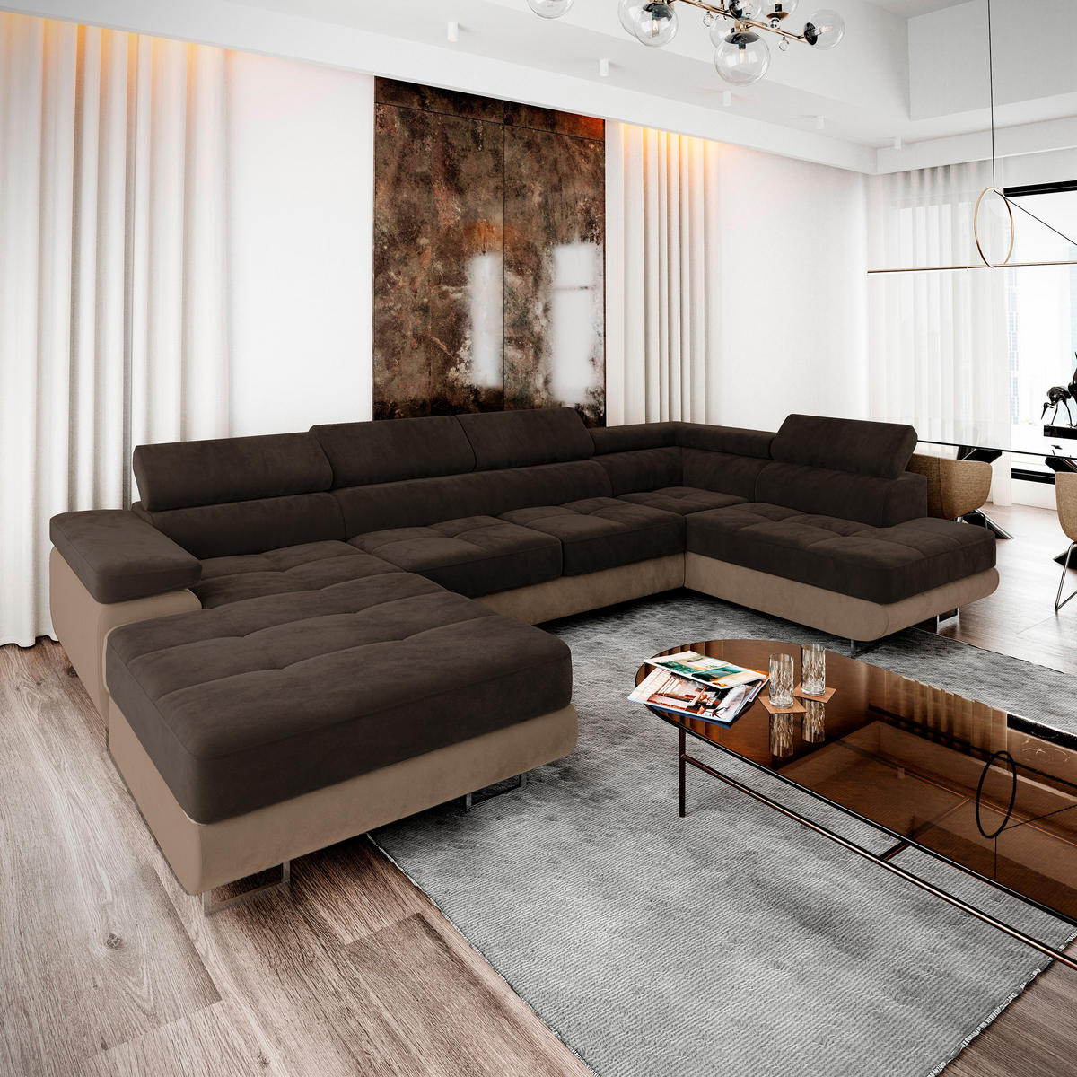 WOHNLANDSCHAFT CASONE R-S Braun Velours-Stoff mit Schlaffunktion - Braun, Holz (345/90/202cm) - MASSENO