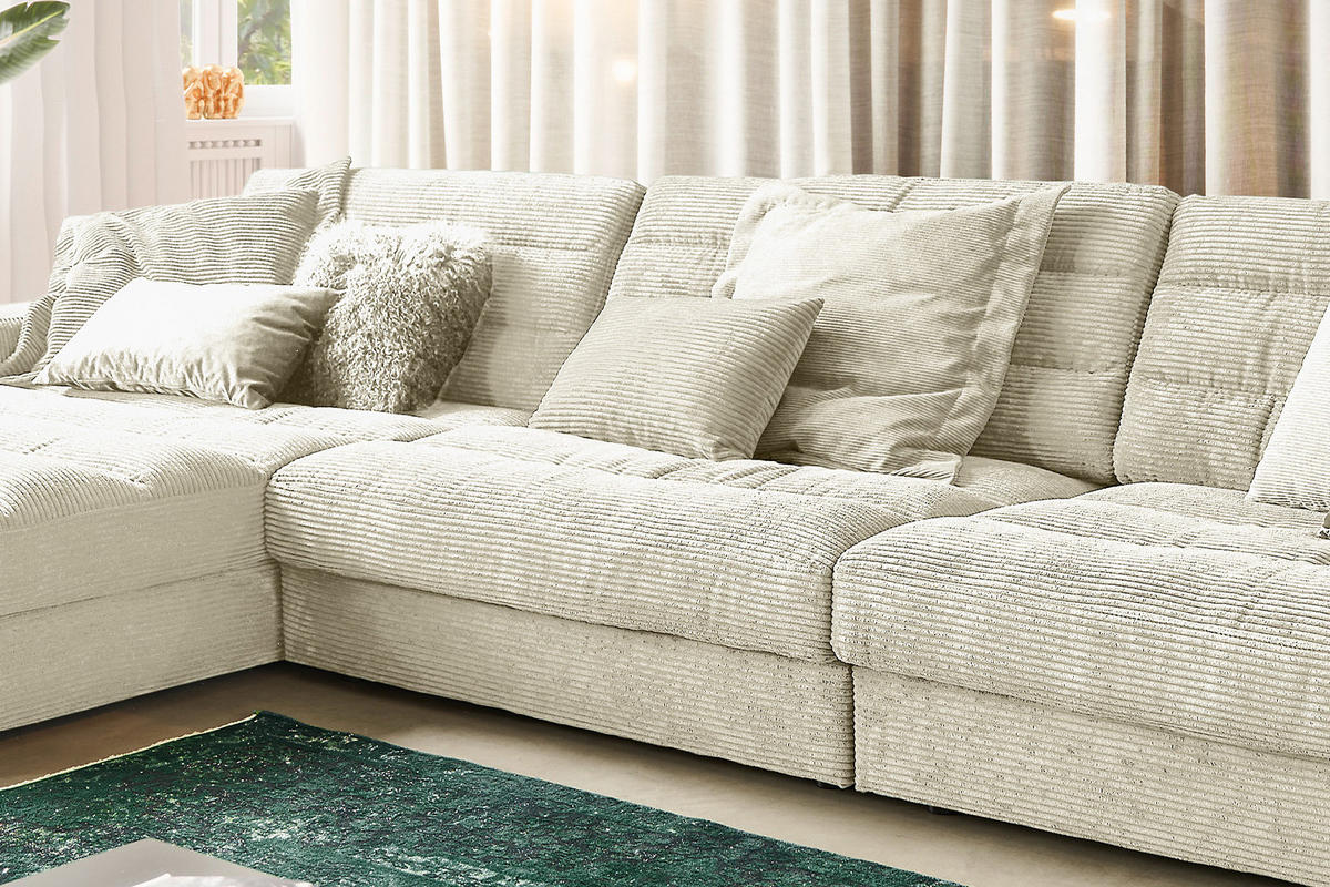 ECKSOFA XL LANA Cremeweiß Cord - Creme/Schwarz, Textil (416/205cm) - KAWOLA