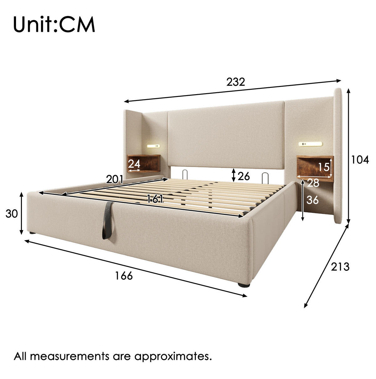 ČALÚNENÁ posteľ 213/232/104 cm béžová s úložným priestorom, USB, Type-C a lampou z ľanu - béžová, textil (160/200cm) - OKWISH