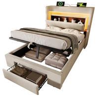 POLSTERBETT 90/200 cm beige aus Leinen mit LED Kopfteil USB und Stauraum - Beige, Textil (90/200cm) - OKWISH