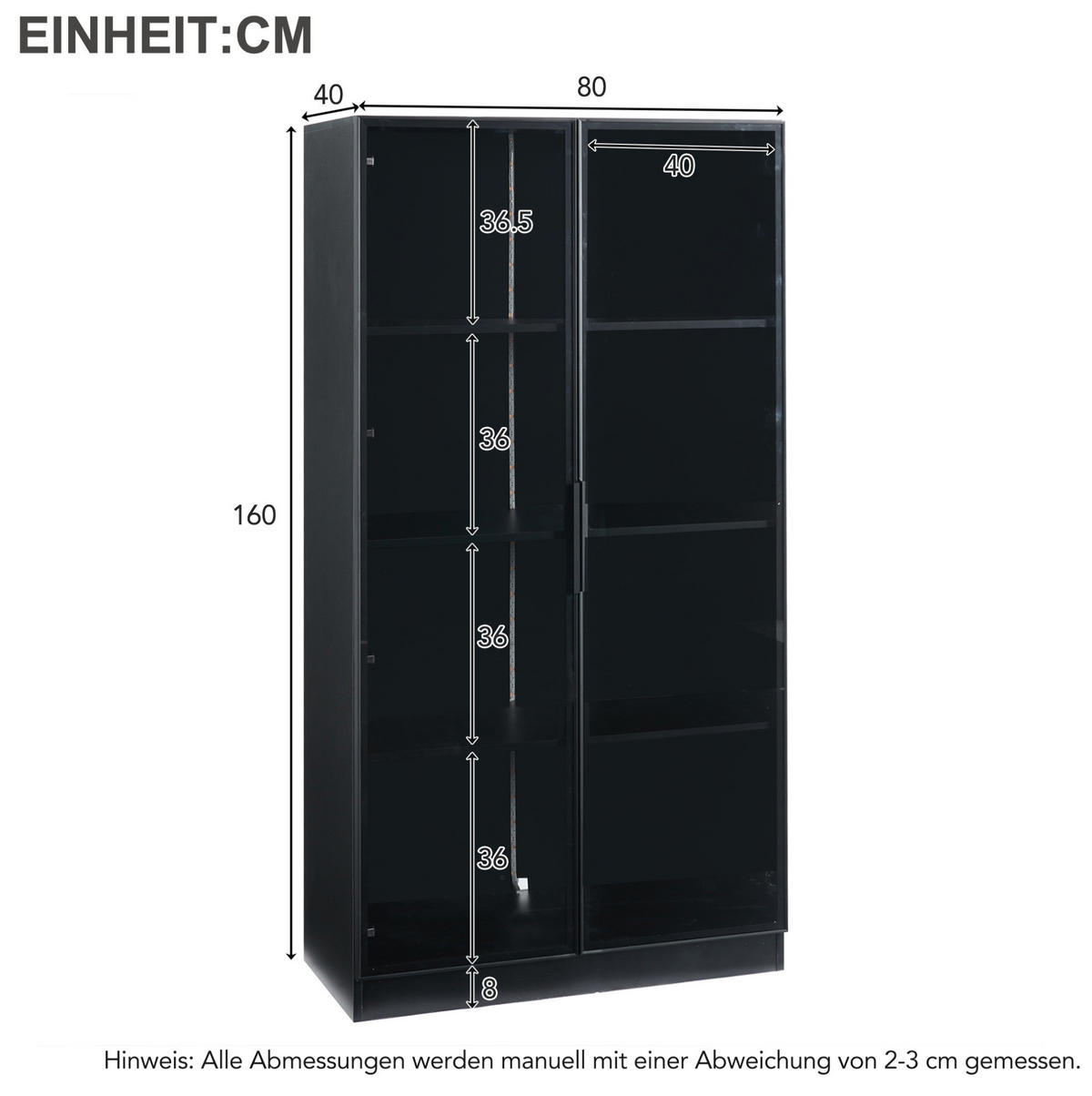GLASVITRINE aus Spanplatte 80x40x160 cm Schwarz mit App-gesteuerter LED-Beleuchtung - Schwarz, Holzwerkstoff (40/160/80cm) - IVMEU