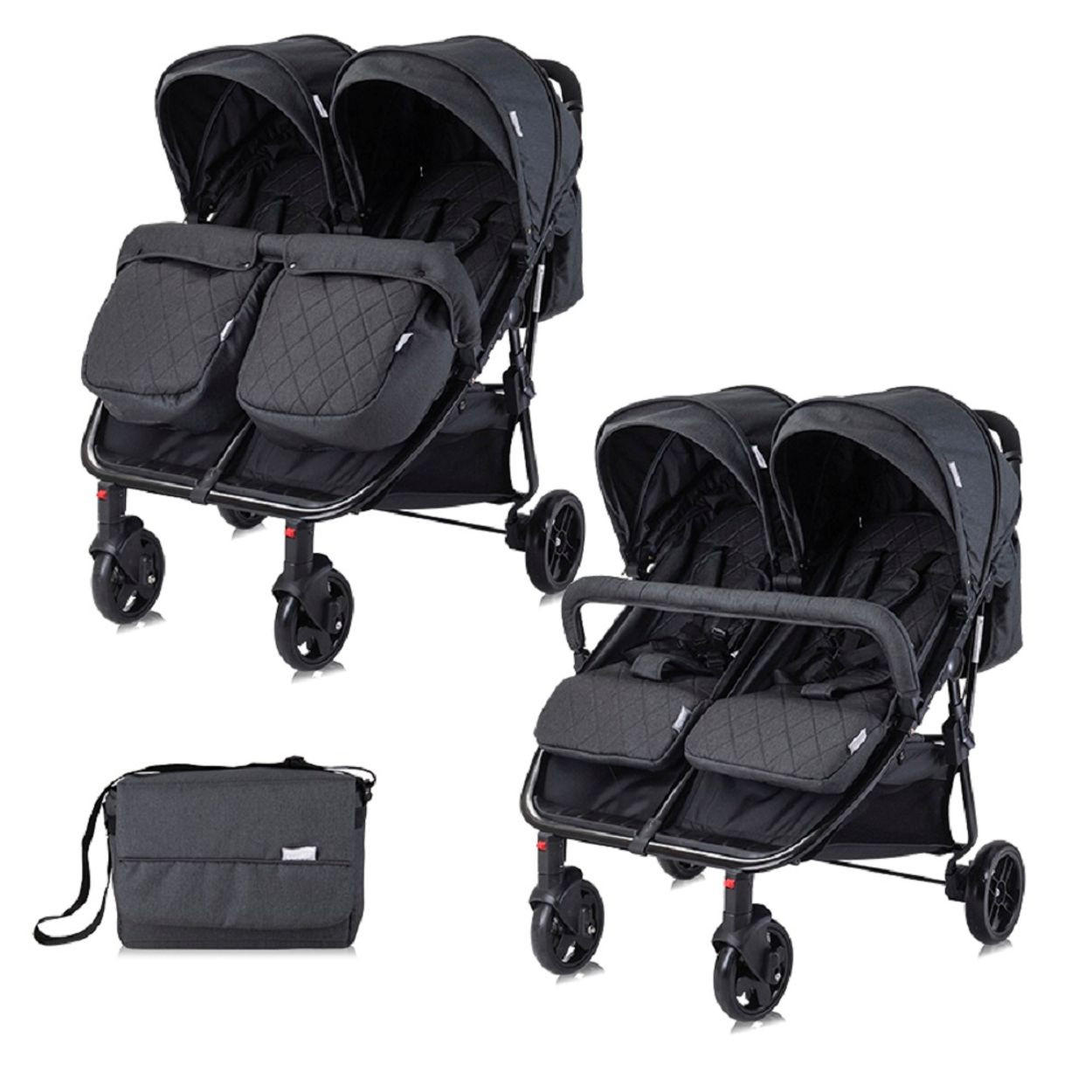 GESCHWISTERKINDERWAGEN DUO schwarz uni klappbar verstellbar Fußabdeckung Wickeltasche - Schwarz, Metall (76/88/105cm) - Lorelli