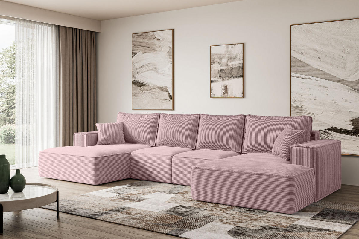 WOHNLANDSCHAFT mit Schlaffunktion und Bettkasten SIERRA-U-S - 349x161x87 cm Rosa Cord - Schwarz/Rosa, Holzwerkstoff/Kunststoff (349/87/161cm) - ALTDECOR