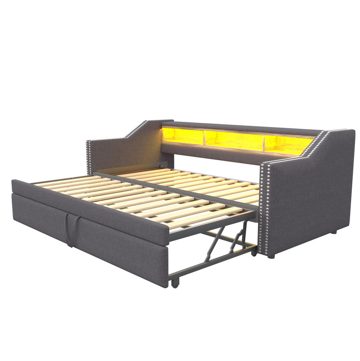 ROZKLÁDACÍ pohovka 90/180 x 190 cm tmavě šedá z lněné tkaniny s LED a USB - tmavě šedá, textil (90/190cm) - OKWISH