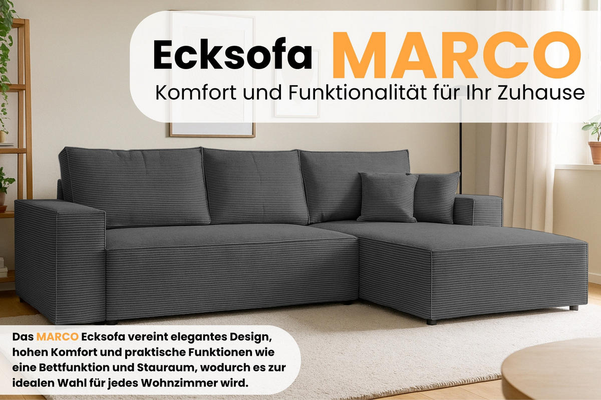 ECKSOFA MARCO 294/185 in Cord Anthrazit mit Schlaffunktion rechts - Anthrazit, Holz/Holzwerkstoff (294/185cm) - Deine Möbel 24