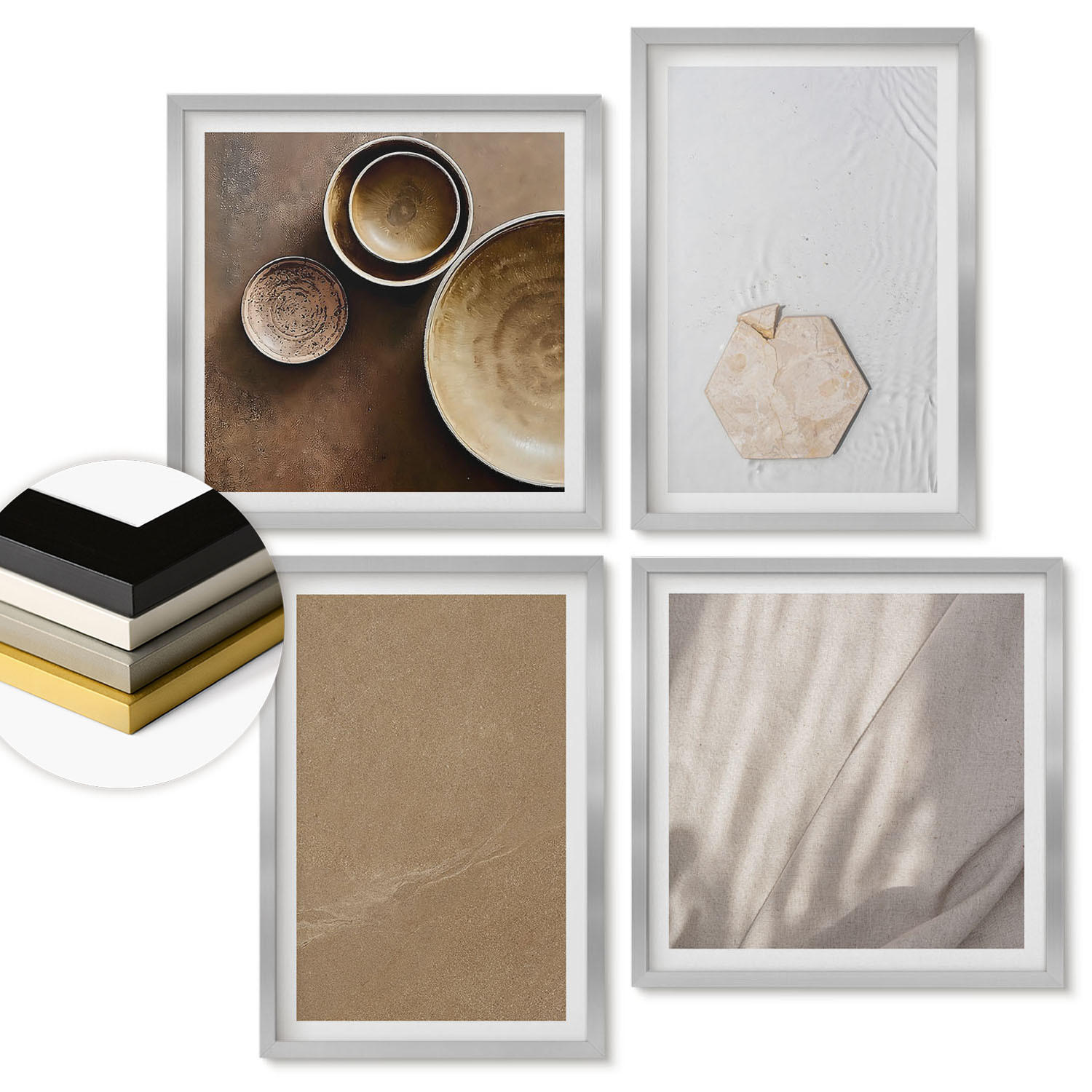 WANDBILDER 4er Set - 50x50 cm & 40x60 cm Silberner Rahmen - Minimalistische warme Texturen - Silberfarben, Kunststoff (50/50cm) - ArtPrintCave