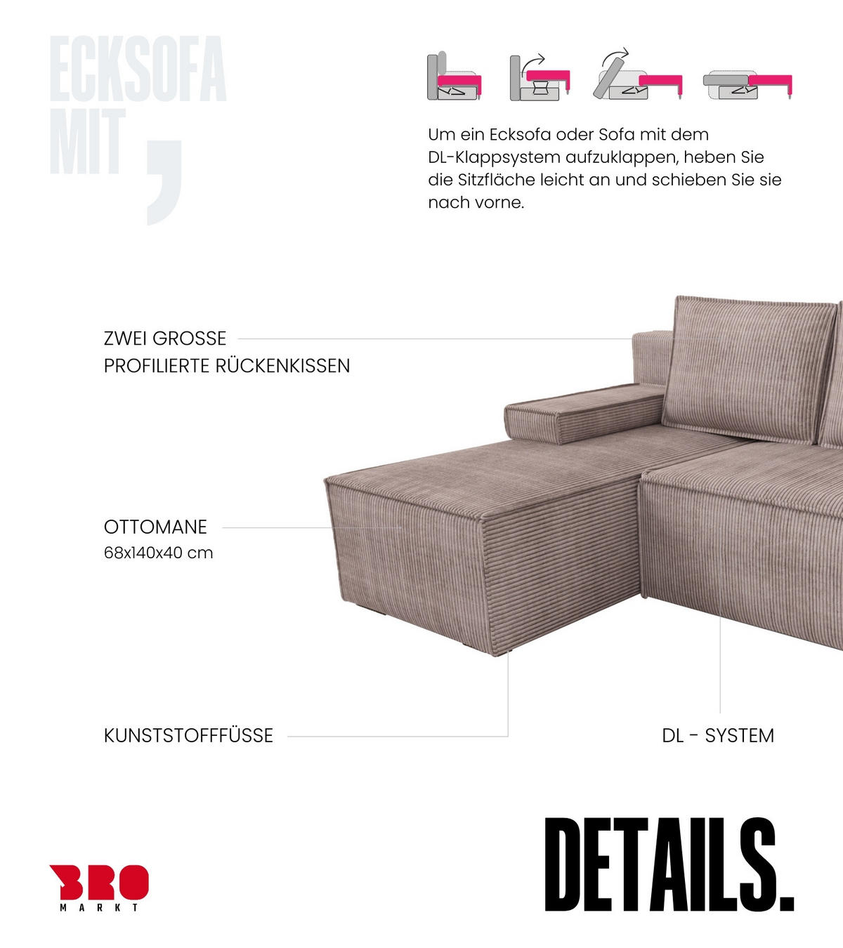 ECKSOFA Caspar mit Schlaffunktion Puderrosa Cord - Rosa, Textil (200/141cm) - Bromarkt