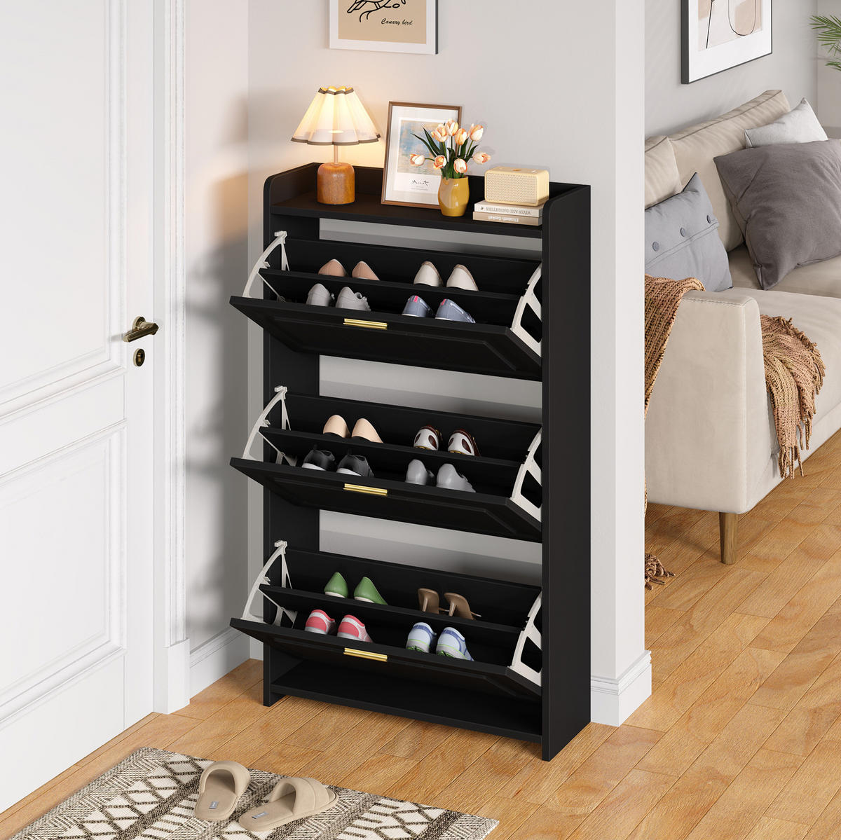 SCHUHSCHRANK 70/24/120 cm mit Klapptüren und Schublade, 6 Fächer, Schwarz - Schwarz, Holzwerkstoff (70/120/24cm) - Redom
