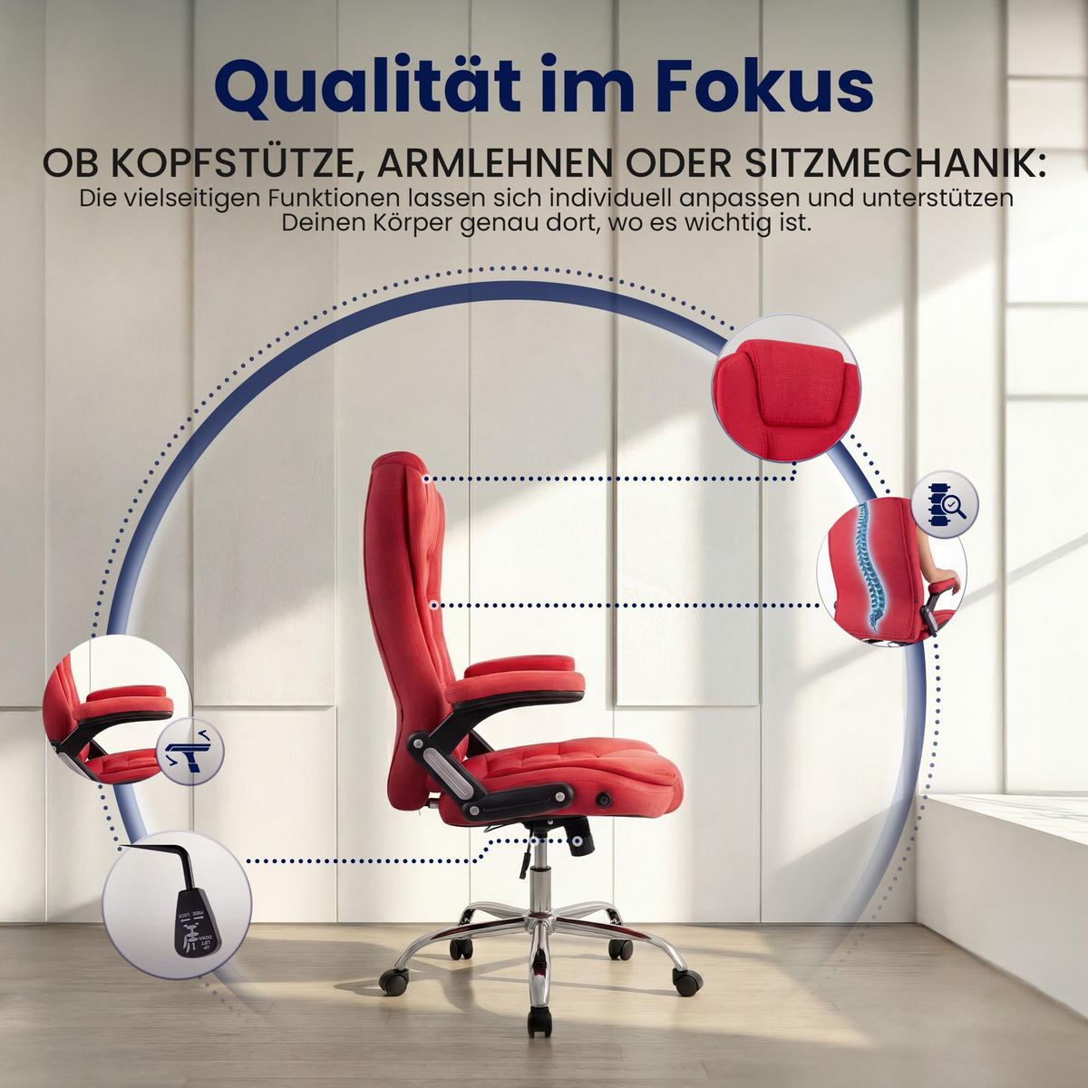 CHEFSESSEL Stoff Rot - Chromfarben/Rot, Textil/Metall (69.5/113/78cm) - CLP