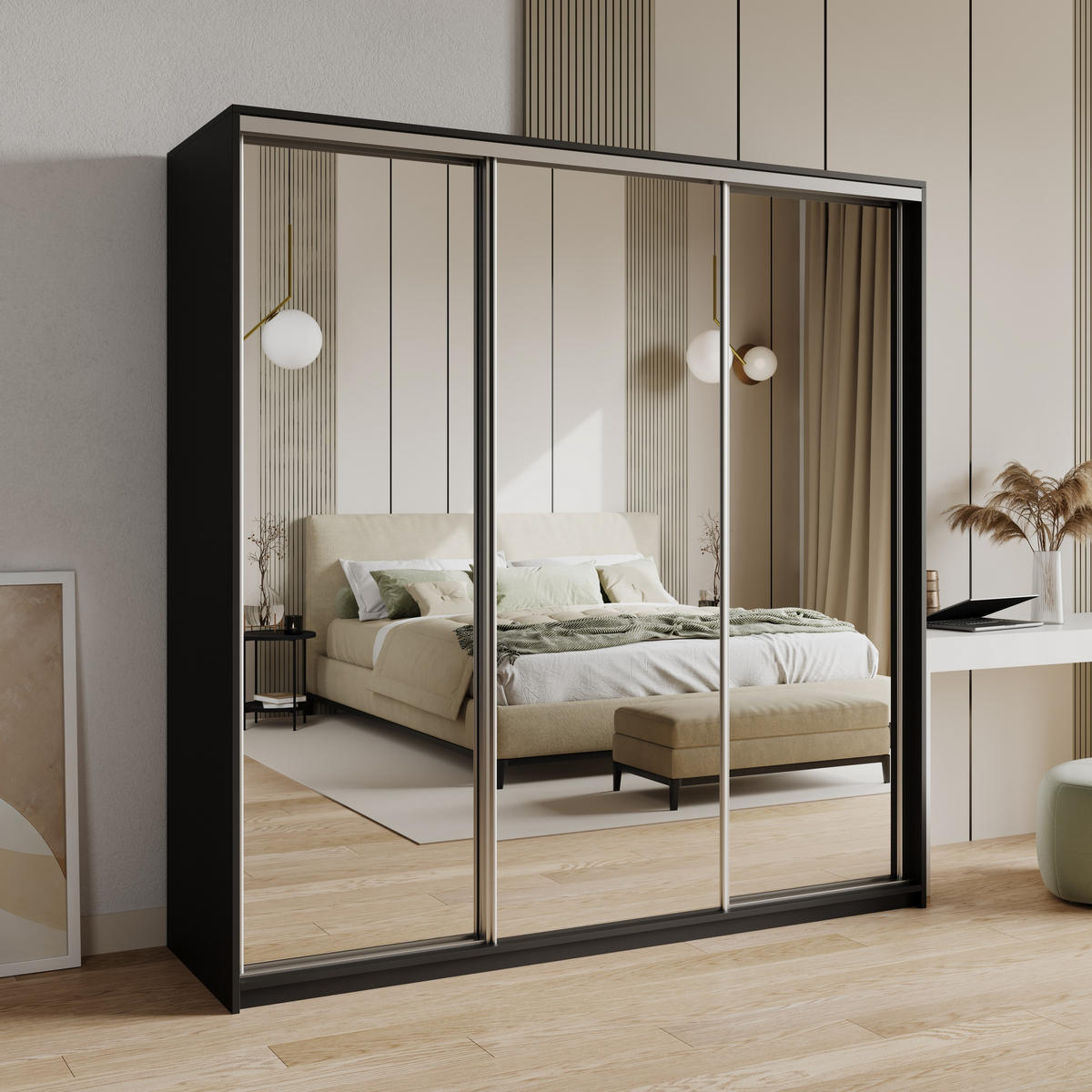 SCHWEBETÜRENSCHRANK RIEN 180/205/60 cm 3-türig mit Spiegel und Schubladen Schwarz - Schwarz/Nickelfarben, Holzwerkstoff (180/205/60cm) - MASSENO