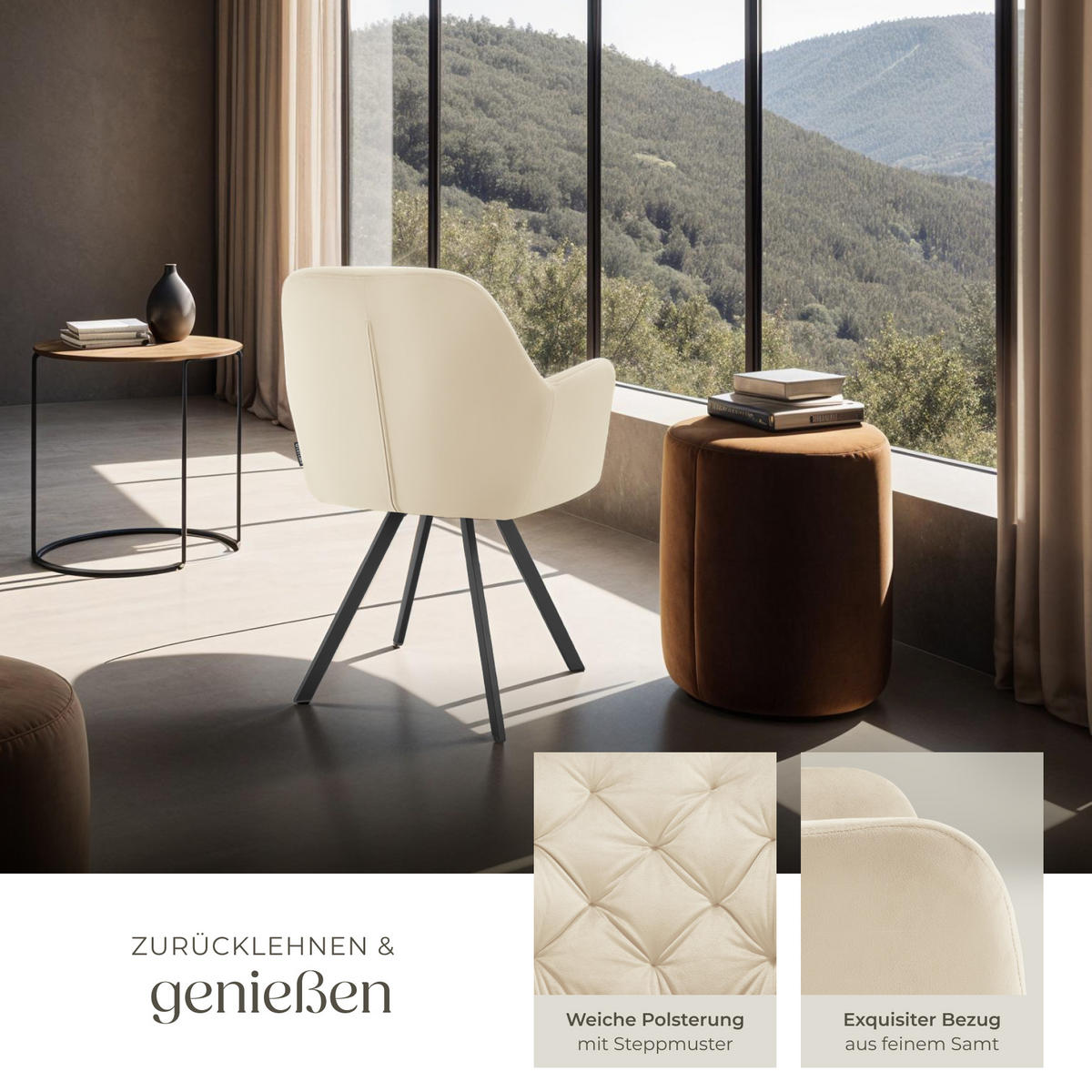 ARMLEHNSTUHL Samt Drehbarer Lucia 58 x 58 x 87 cm creme - Creme, Kunststoff (58/87/58cm) - tectake