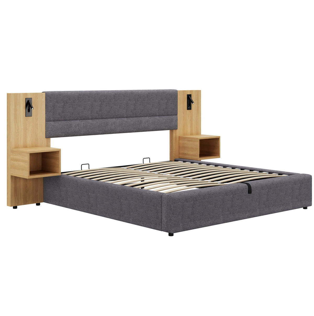 POLSTERBETT 160/200 cm aus Samt mit USB-Anschluss Beleuchtung und 2 Nachttischen Grau und Natur - Naturfarben, Textil (160/200cm) - Modenvie