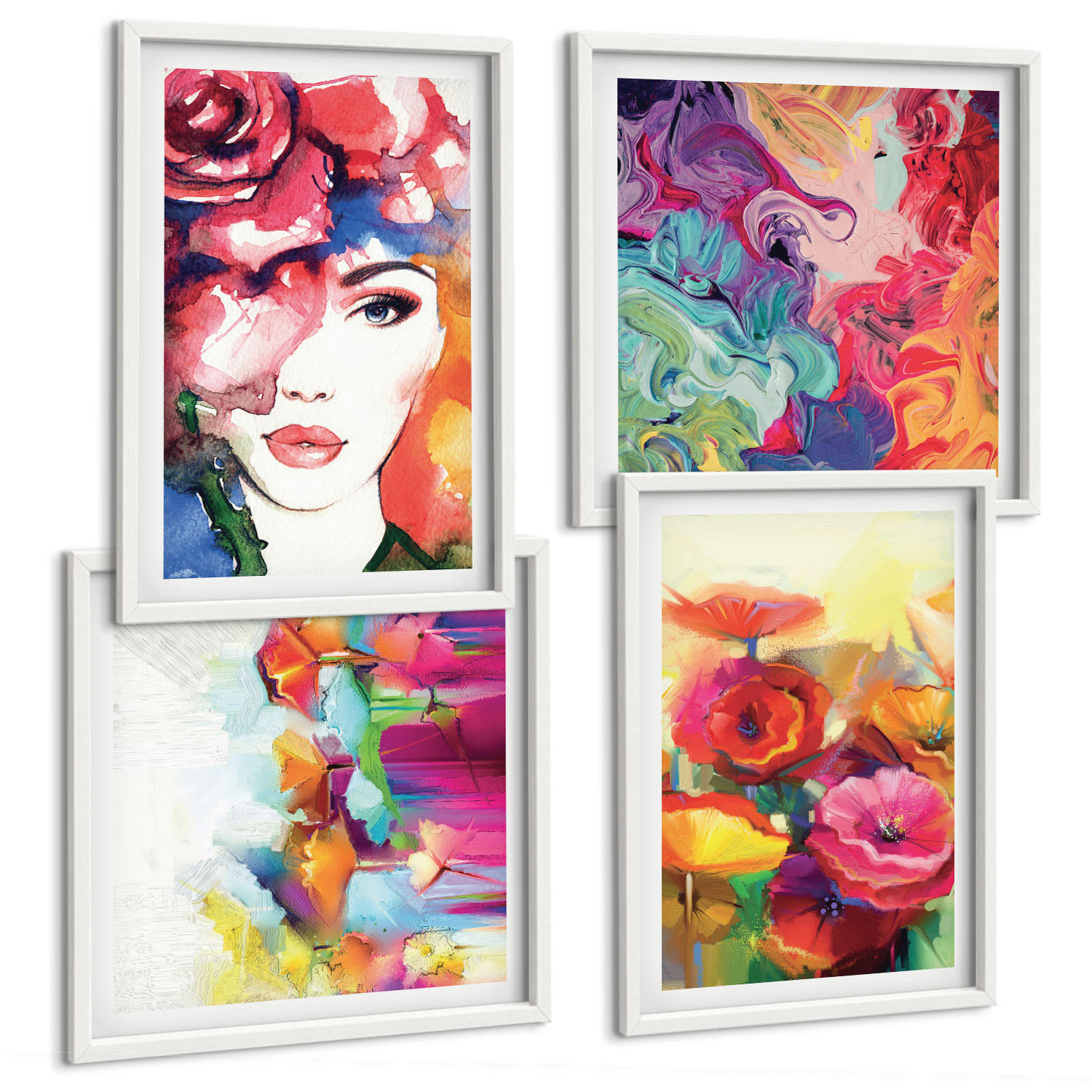 BILDER SET 4er Set - 50x50 cm & 40x60 cm Weißer Rahmen - Porträt von Blumen in intensiven Farben - Weiß, Kunststoff (50/50cm) - TULUP