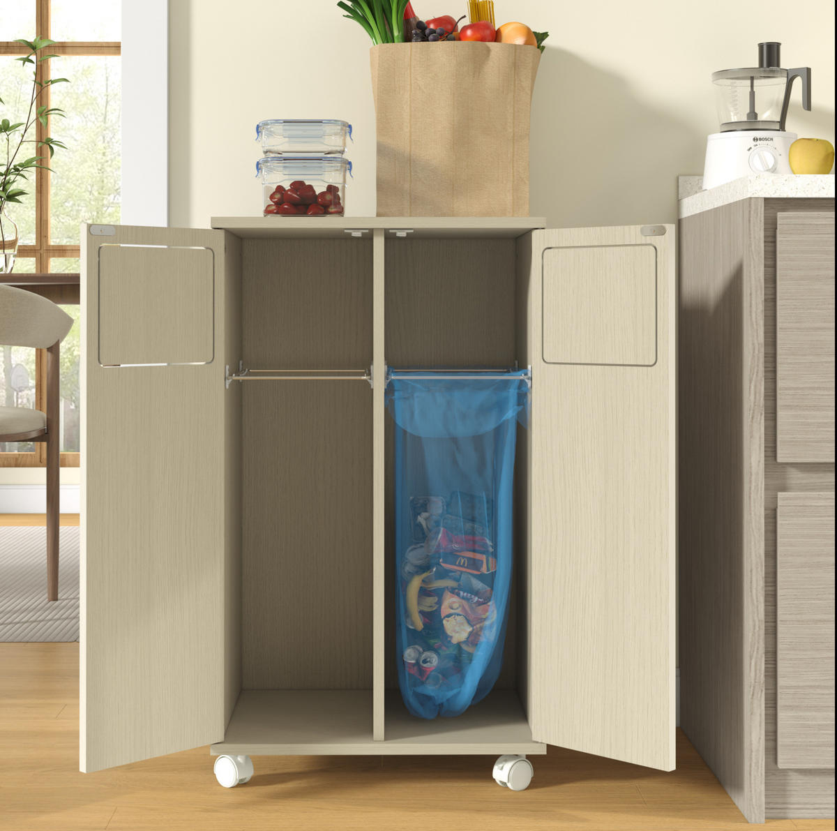 SKŘÍŇKA na tříděný odpad z MDF 46,7x35x80 cm bílá na kolečkách se 2 přihrádkami - bílá, kompozitní dřevo (46/80/35cm) - Modfu