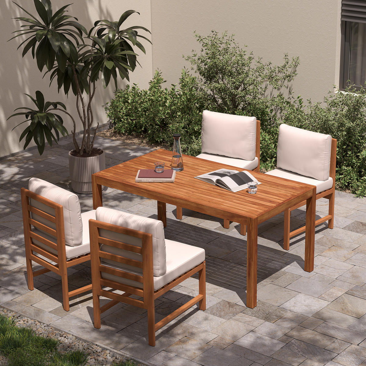 DININGSTUHL - Akazie massiv / Polyester - Braun / Beige - Beige/Braun, Holz/Textil (53/86/66cm) - home24